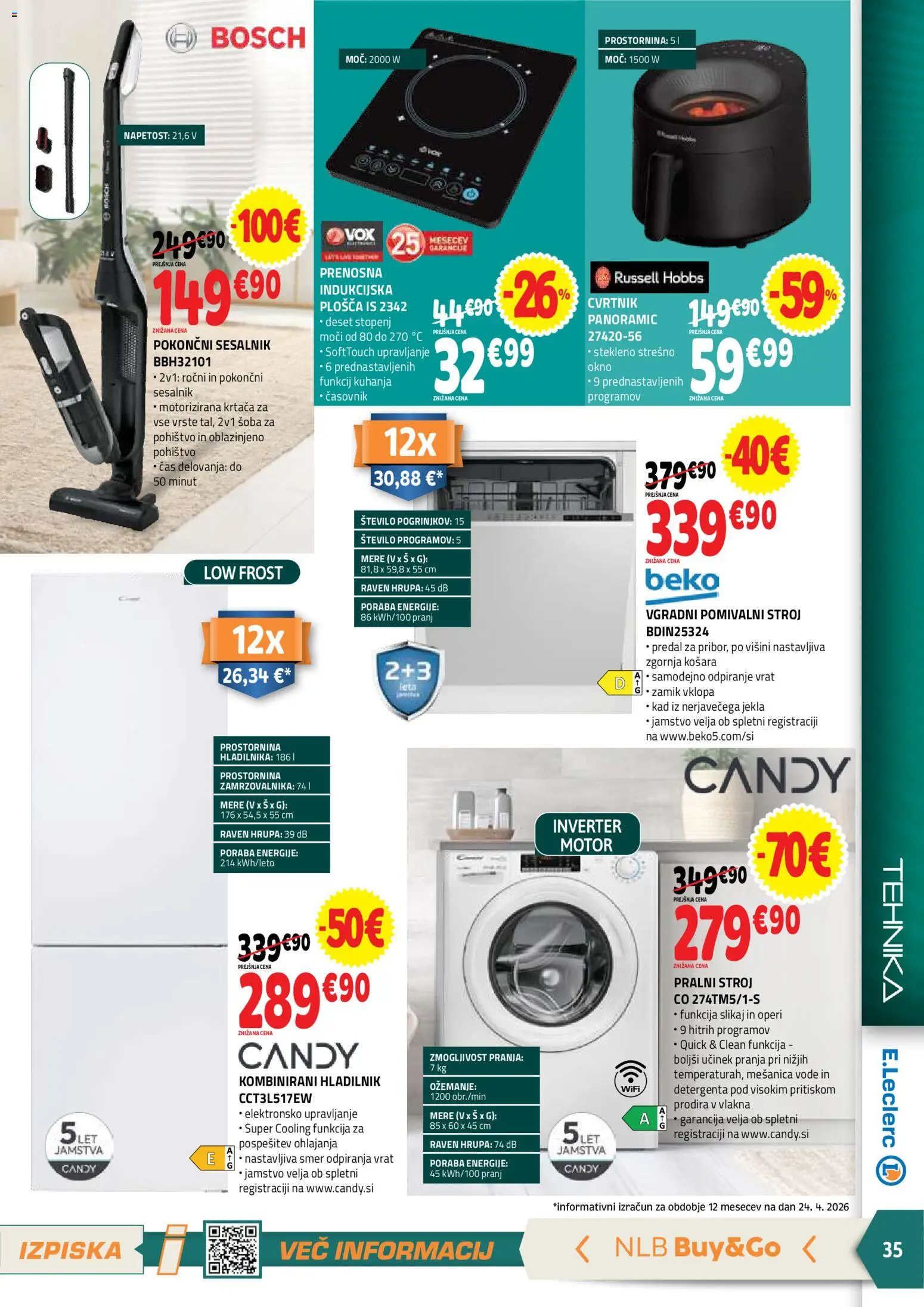 Novi E.leclerc katalog ponudbe – veljaven od 13.05.2026 | Stran: 35 | Izdelki: Pralni stroj, Košara, Vgradni pomivalni stroj, Indukcijska plošča