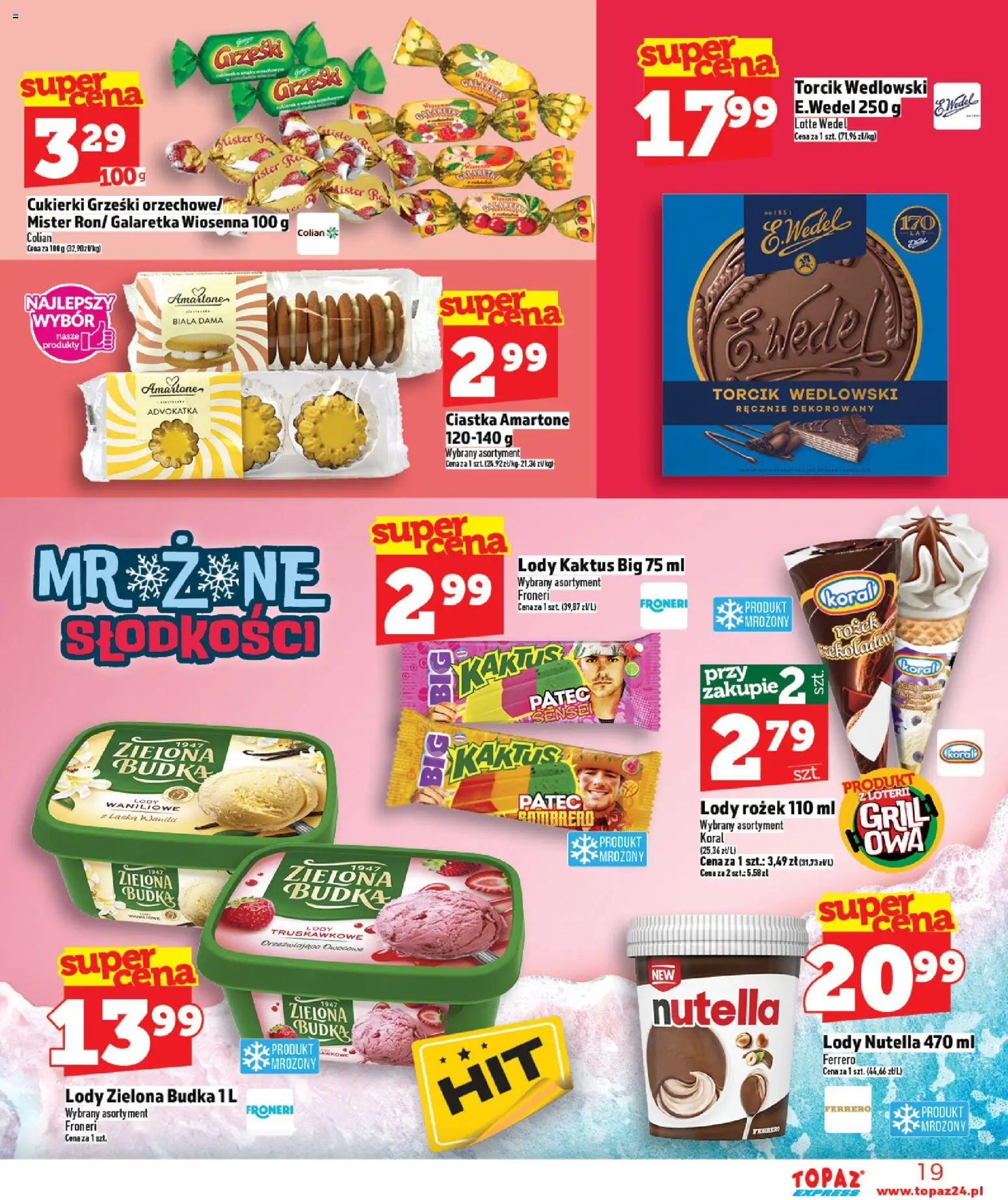 Topaz gazetka - Express od 14.05.2026 | Strona: 19 | Produkty: Nutella, Lody waniliowe, Cukierki, Lody Kaktus