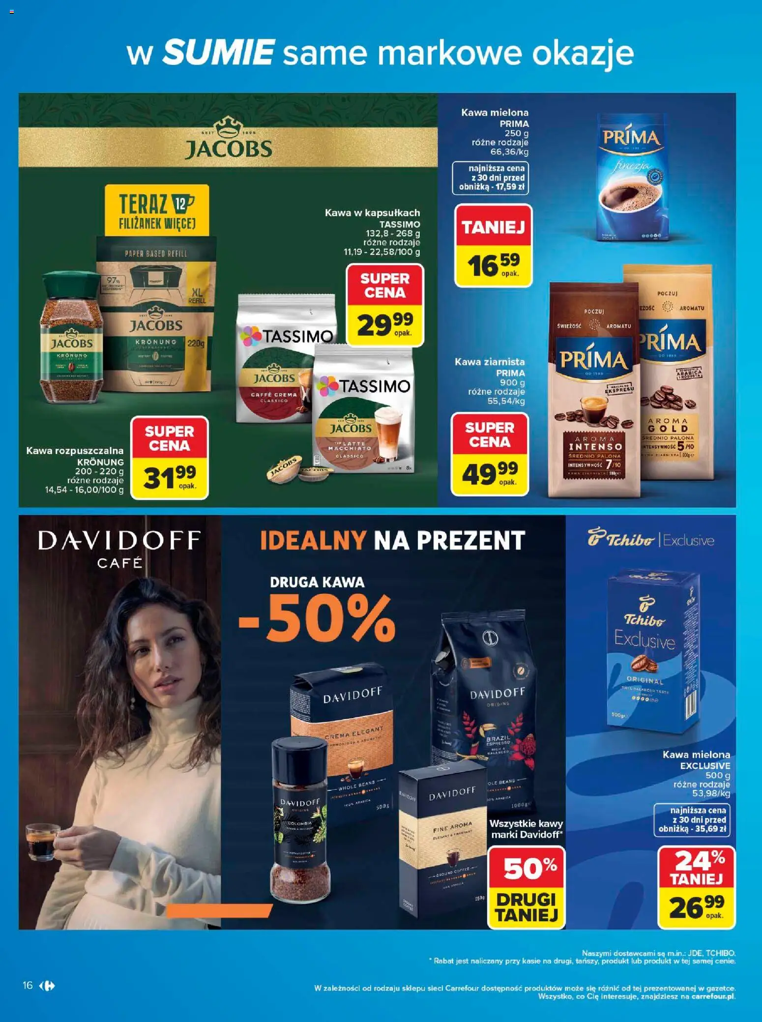 Carrefour gazetka - W sumie same markowe okazje od 08.06.2026 | Strona: 16 | Produkty: Kawa mielona Prima, Kawa ziarnista, Tchibo exclusive, Kawa