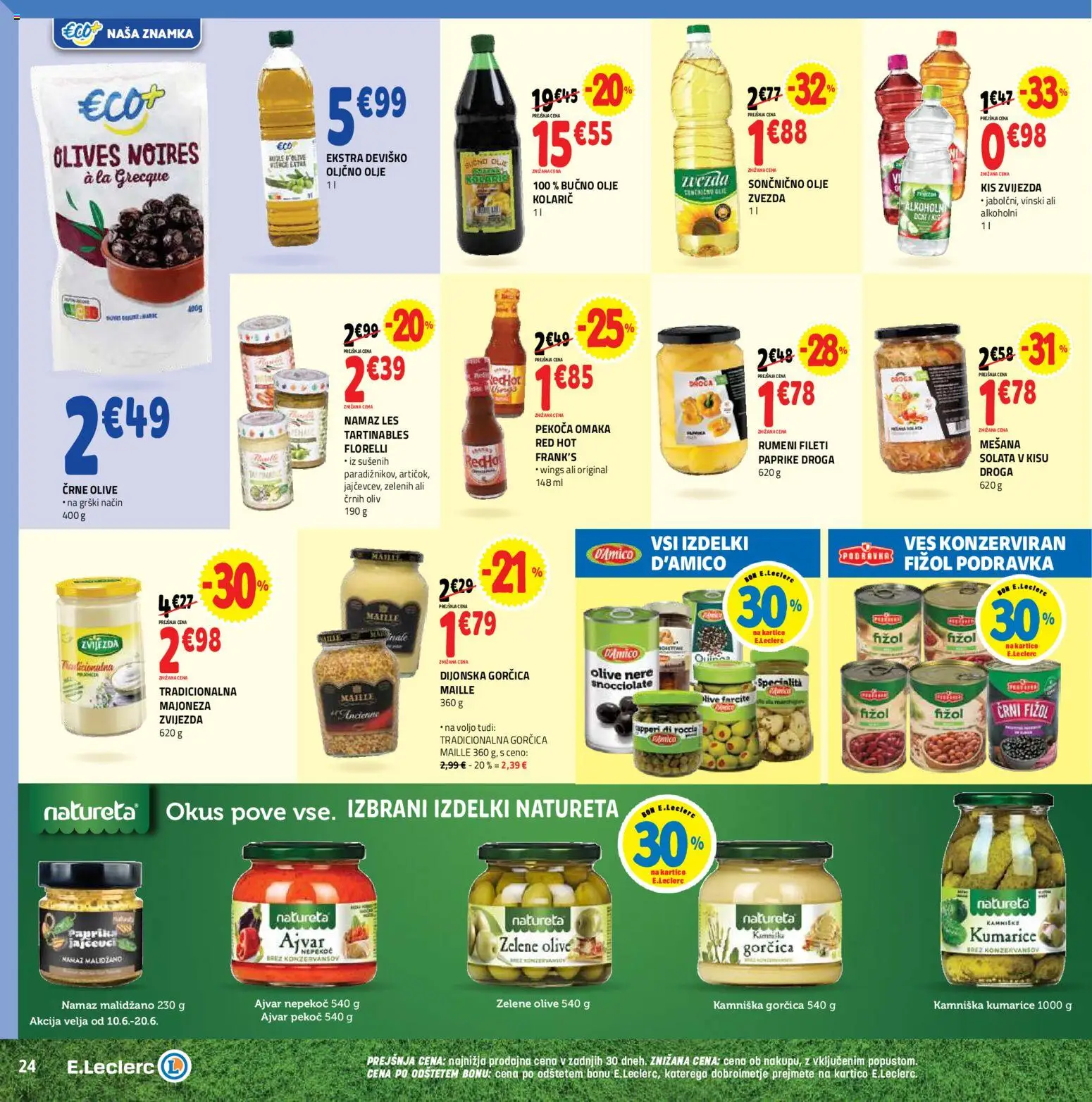 Novi E.leclerc katalog ponudbe – veljaven od 10.06.2026 | Stran: 24 | Izdelki: Oljčno olje, Kis, Olive, Omaka