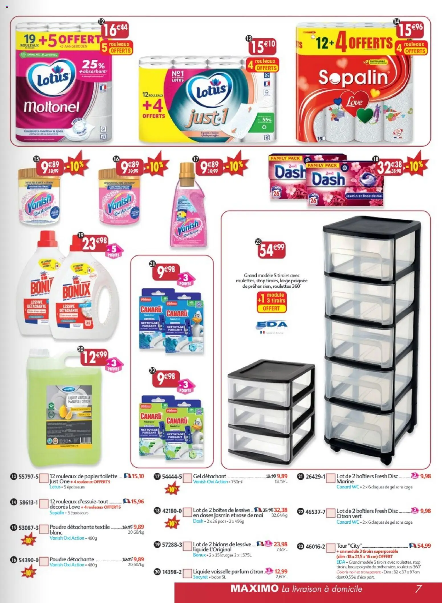 {H1} | Page: 7 | Produits: Papier toilette, Lotus, Tiroirs, Canard WC