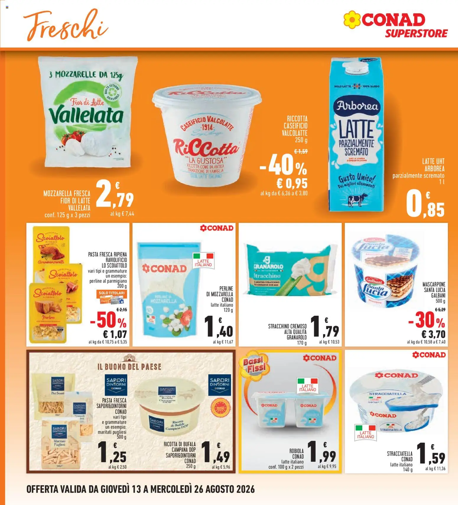 Volantino Conad del 13/08/2026 | Pagina: 10 | Prodotti: Mozzarella, Latte, Pasta, Ricotta
