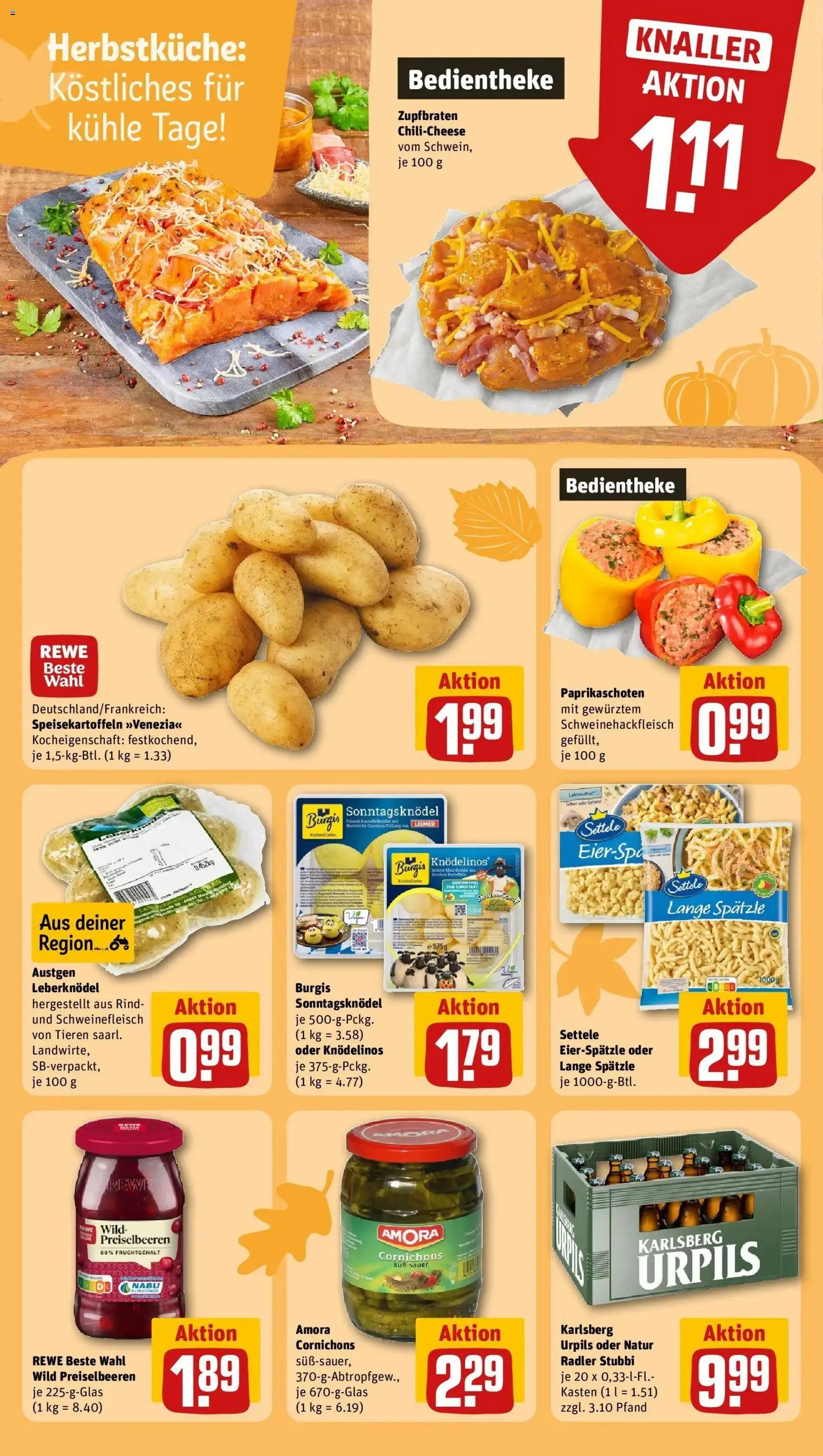 REWE Prospekt ab 12.10.2026 zum Blättern » Angebote | Seite: 18 | Produkte: Leberknödel, Preiselbeeren, Radler, Schweinefleisch