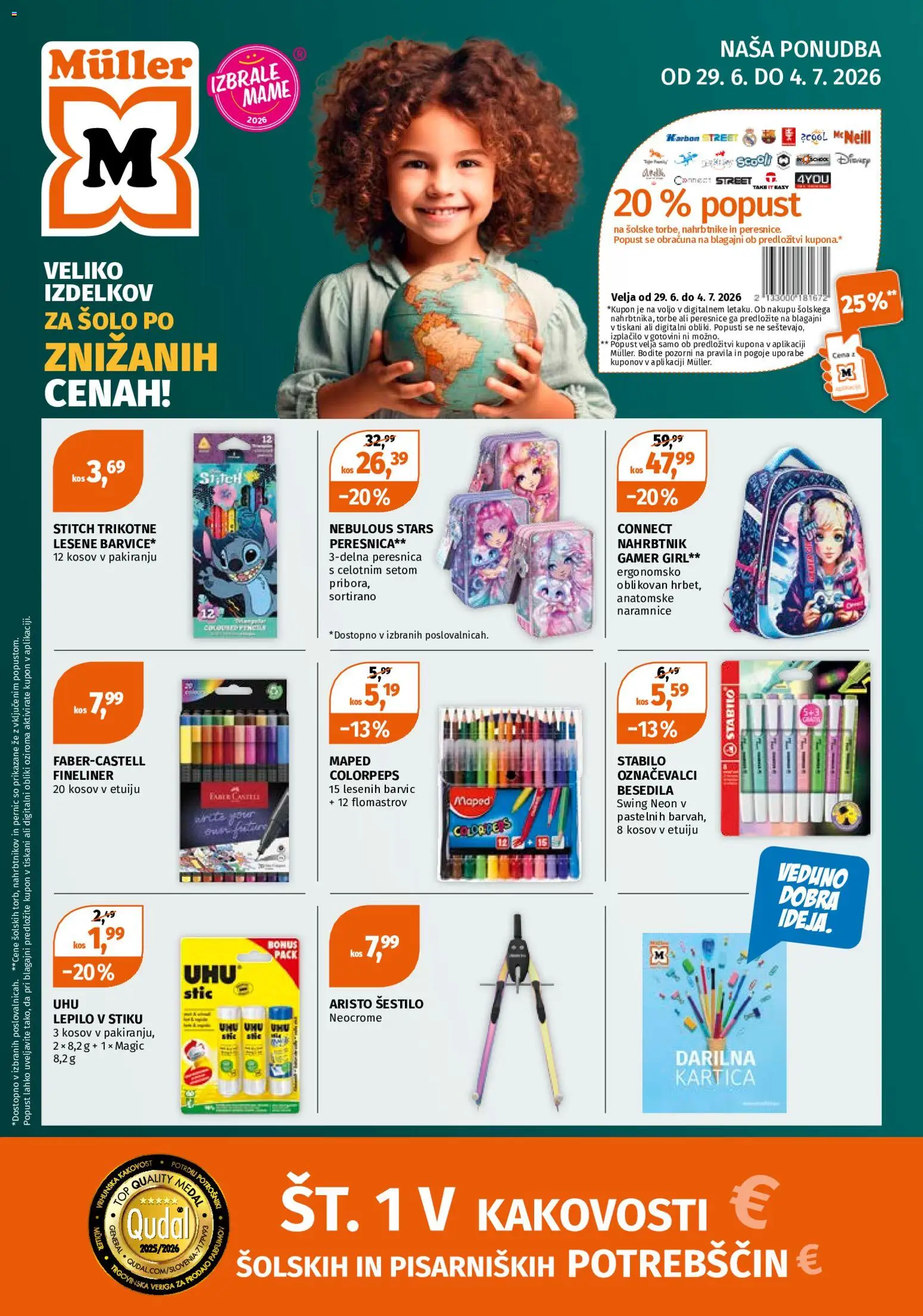 Novi Müller katalog ponudbe – veljaven od 29.06.2026 | Stran: 1 | Izdelki: Kos, Peresnica, Lepilo, Nahrbtnik
