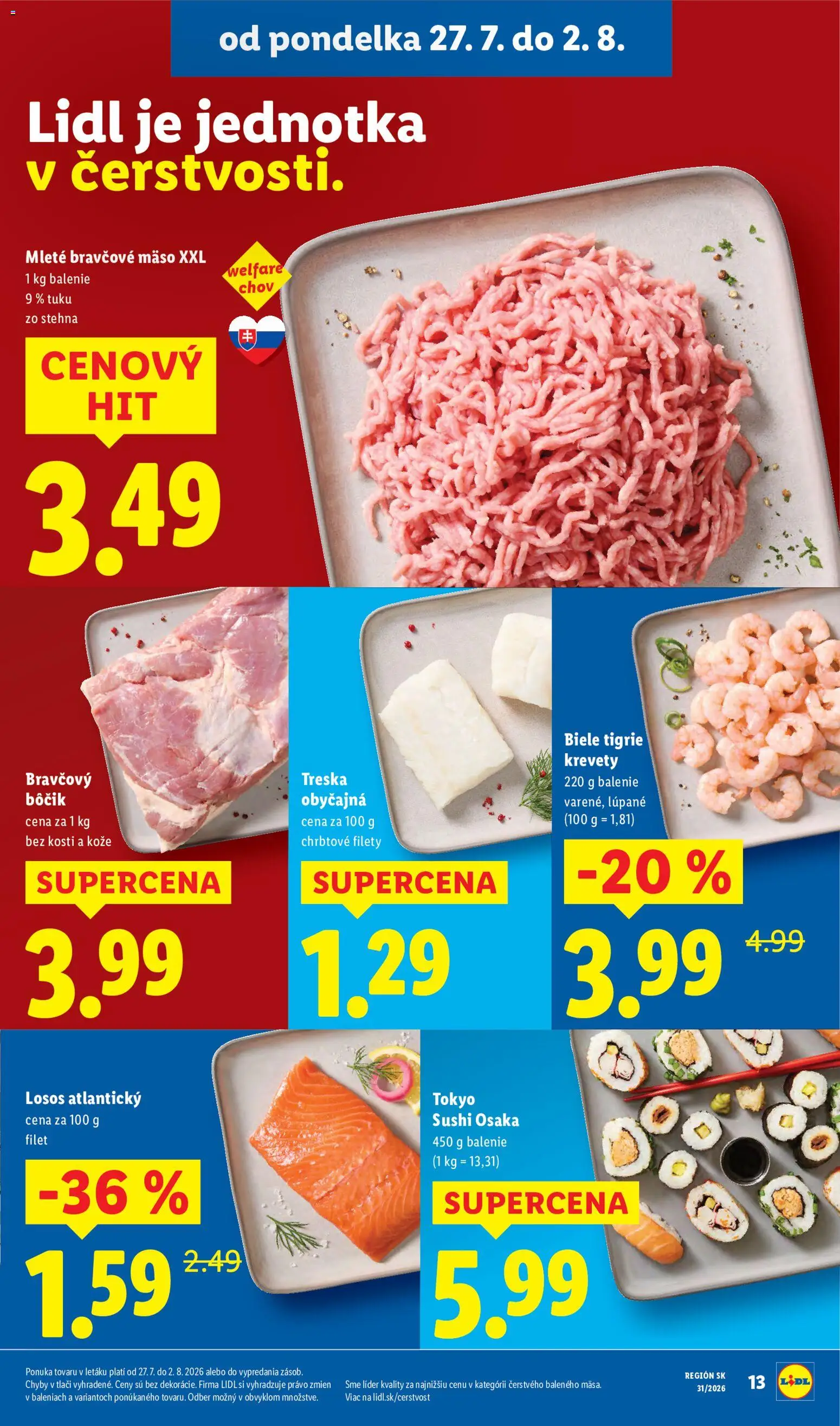 Nové Lidl akcie – leták je platný od 27.07.2026 | Strana: 15 | Produkty: Krevety, Bravčový bôčik, Bravčové mäso, Treska