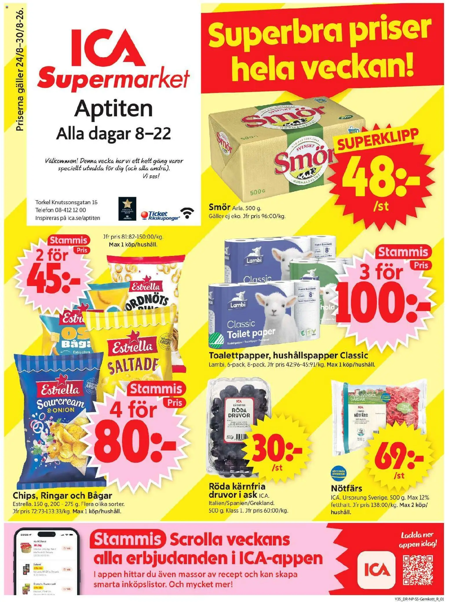 ICA Supermarket reklamblad aktuell från 24/08/2026 | Sida: 1 | Produkter: Nötfärs, Galler, Smör, Telefon
