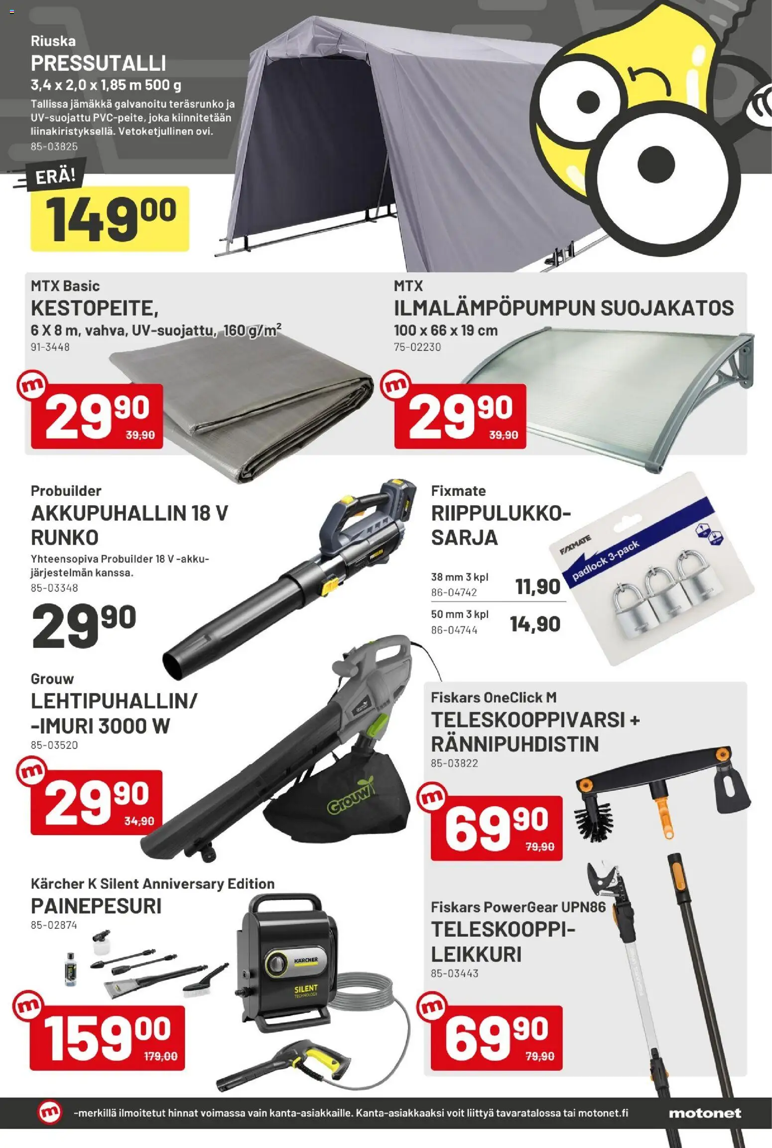 Motonet tarjoukset – voimassa 21/10/2026 alkaen | Sivu: 9 | Tuotteet: Riippulukko, Painepesuri, Akku, Suojakatos