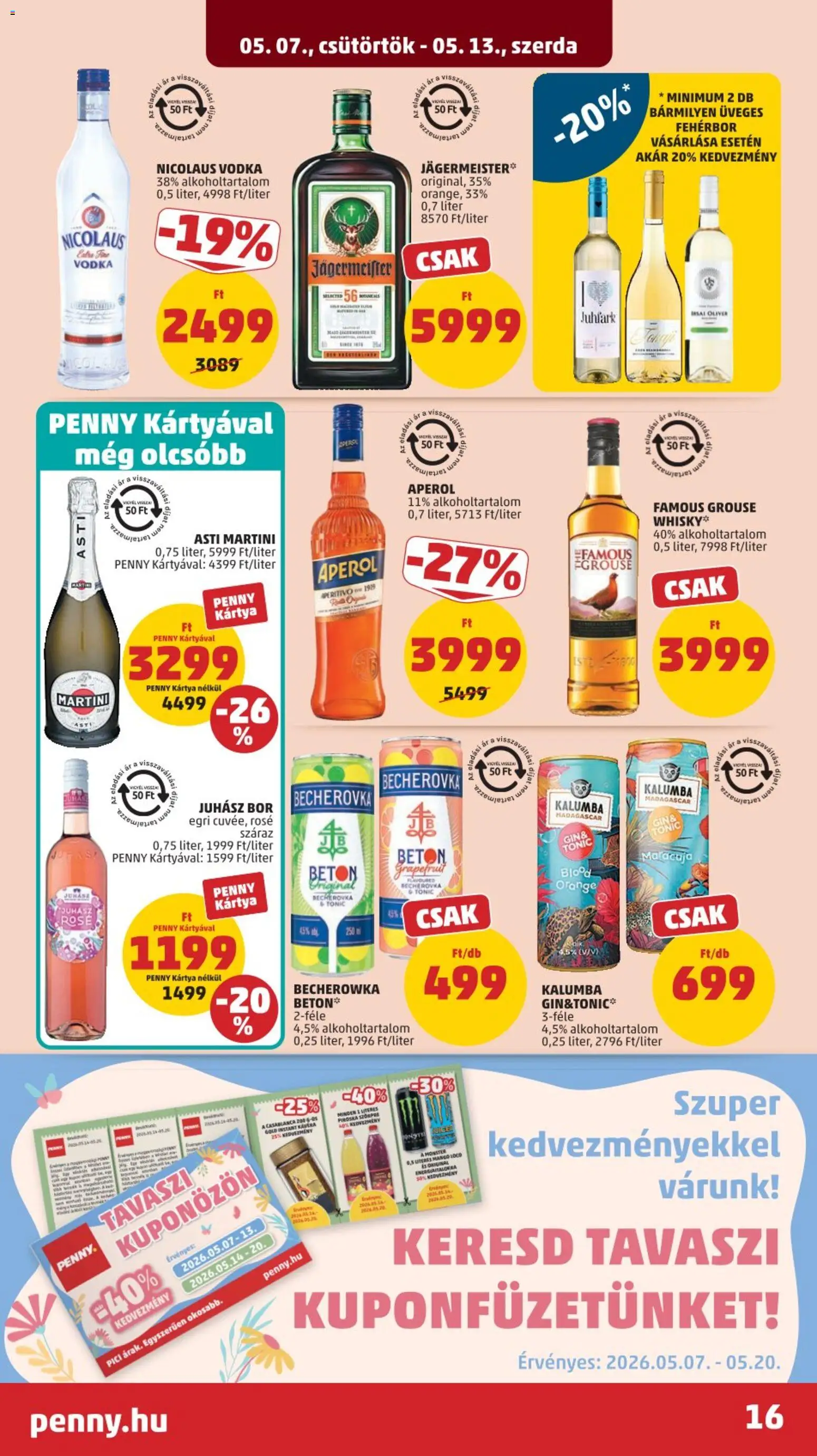 PENNY akciós ujság - amely érvényes a következő dátumtól: 07.05.2026 | Oldal: 19 | Termékek: Tonic, Aperol, Becherovka, Bor