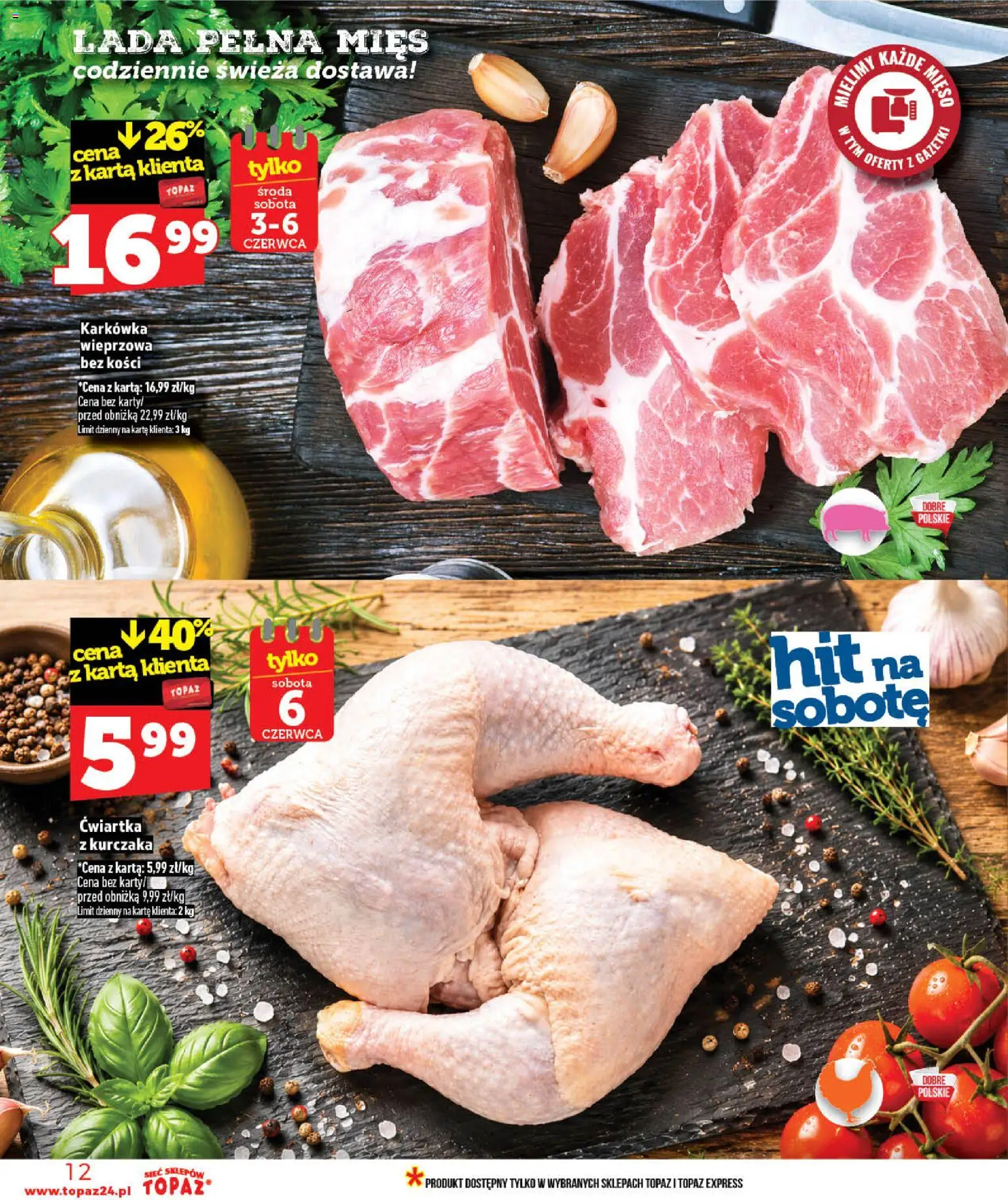 Topaz gazetka od 03.06.2026 | Strona: 12 | Produkty: Karta, Karkówka, Karkówka wieprzowa, Mięso