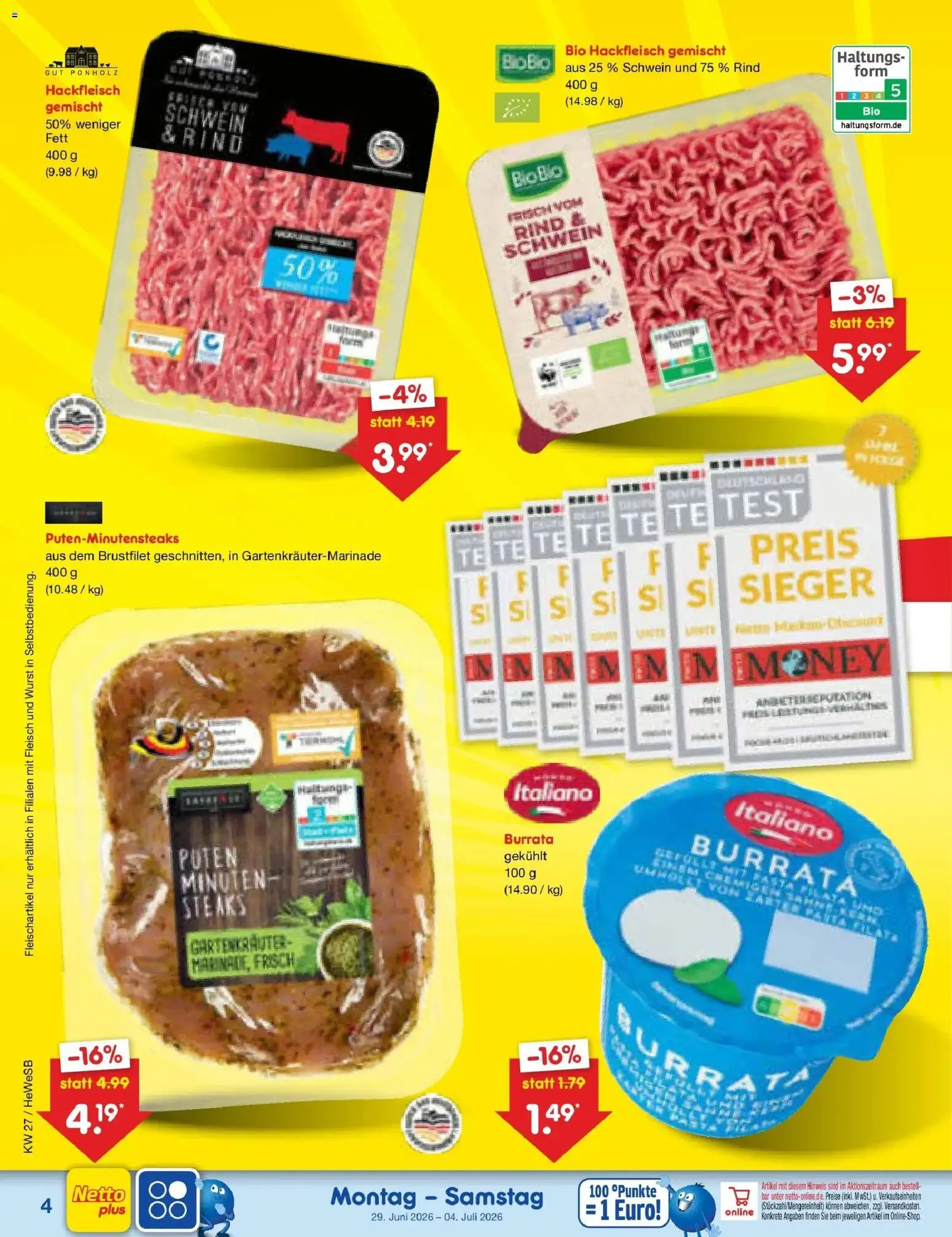 Netto Marken-Discount Prospekt Hamburg – gültig ab 29.06.2026 | Seite: 4 | Produkte: Burrata, Wurst, Fleisch, Hackfleisch