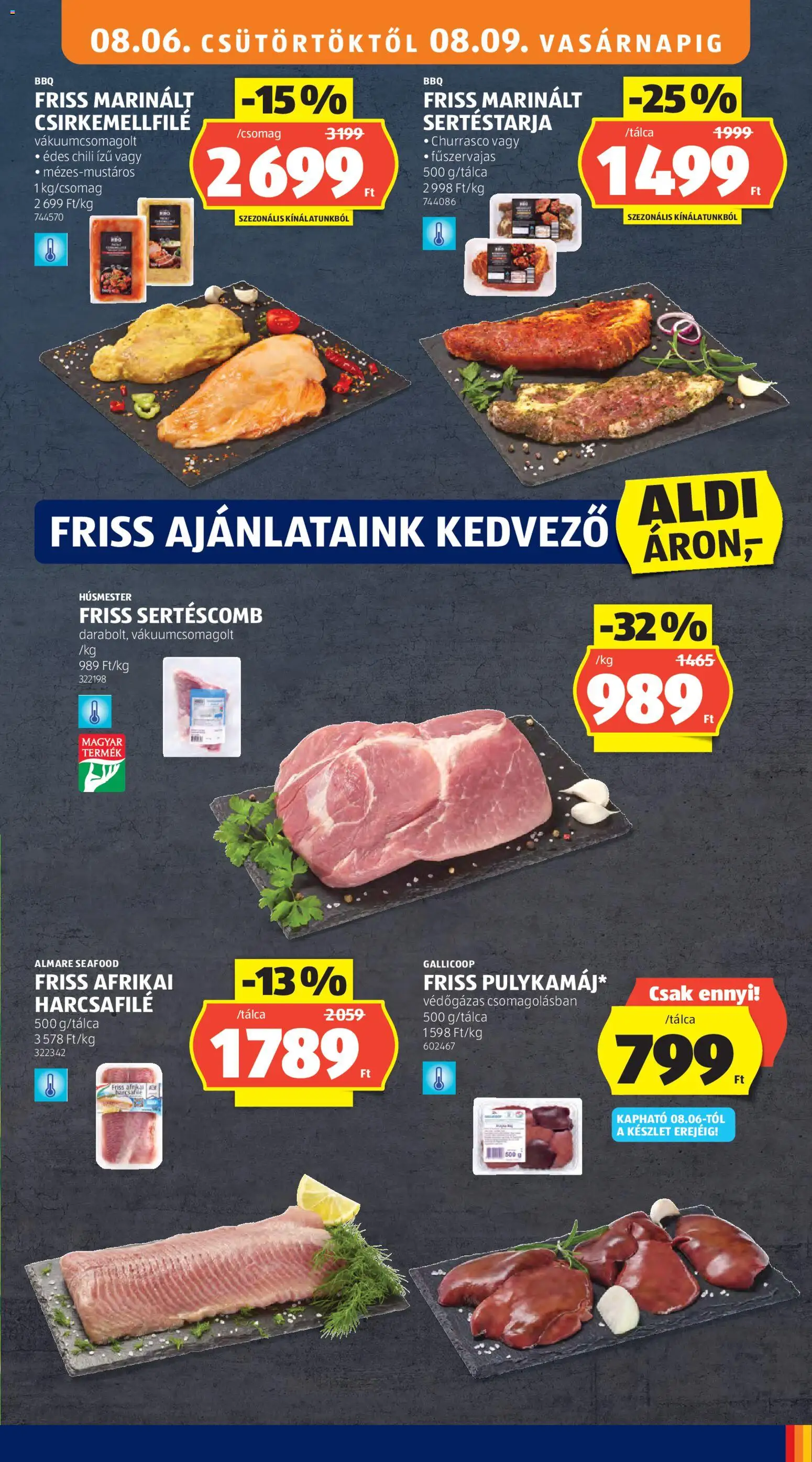 Aldi akciós ujság - amely érvényes a következő dátumtól: 2026.08.06. | Oldal: 11 | Termékek: Chili, Sertéstarja, Sertéscomb, Afrikai harcsafilé