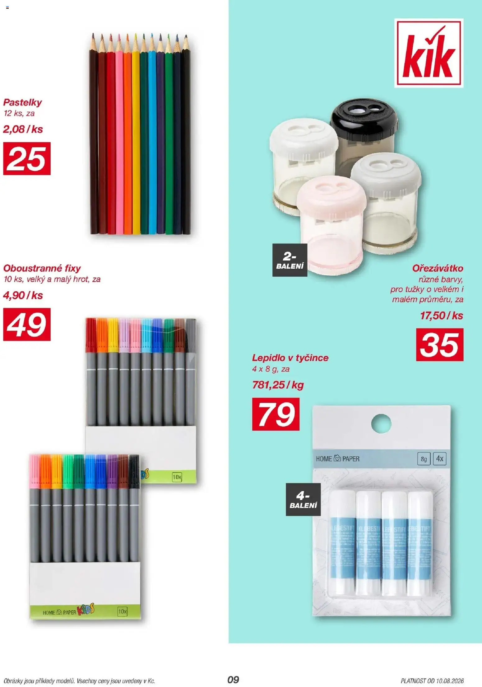 KIK leták 10.08.2026 - Leták příští týden | Strana: 9 | Produkty: Pastelky, Fixy, Ořezávátko
