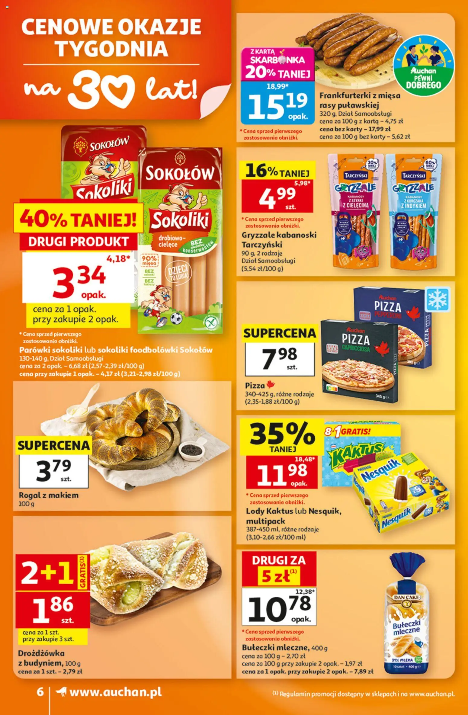 Auchan gazetka od 27.08.2026 | Strona: 6 | Produkty: Parówki sokoliki, Kabanosy, Pizza, Cielęcina