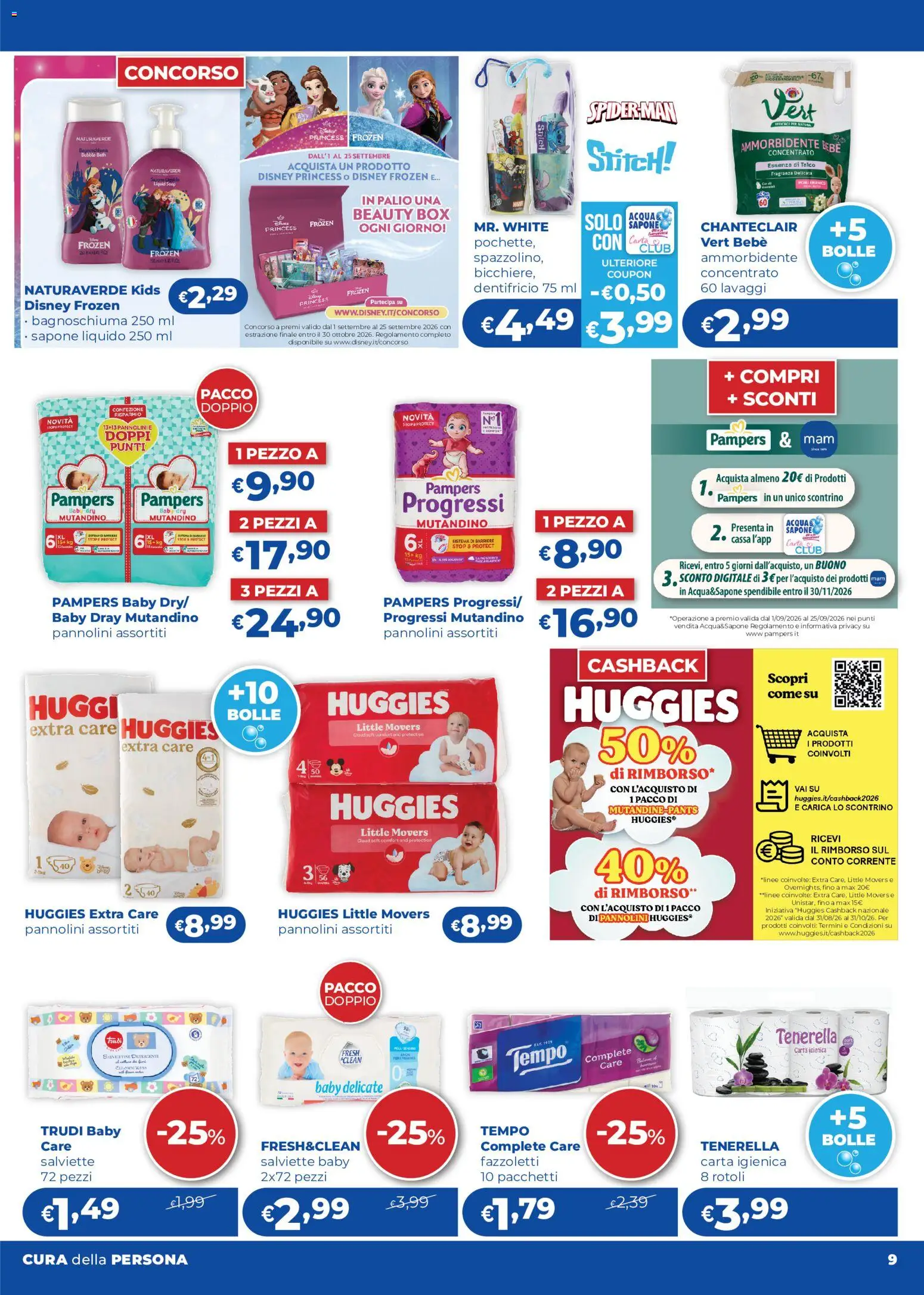 Volantino Acqua e Sapone del 03/08/2026 | Pagina: 9 | Prodotti: Pannolini, Dentifricio, Fazzoletti, Talco