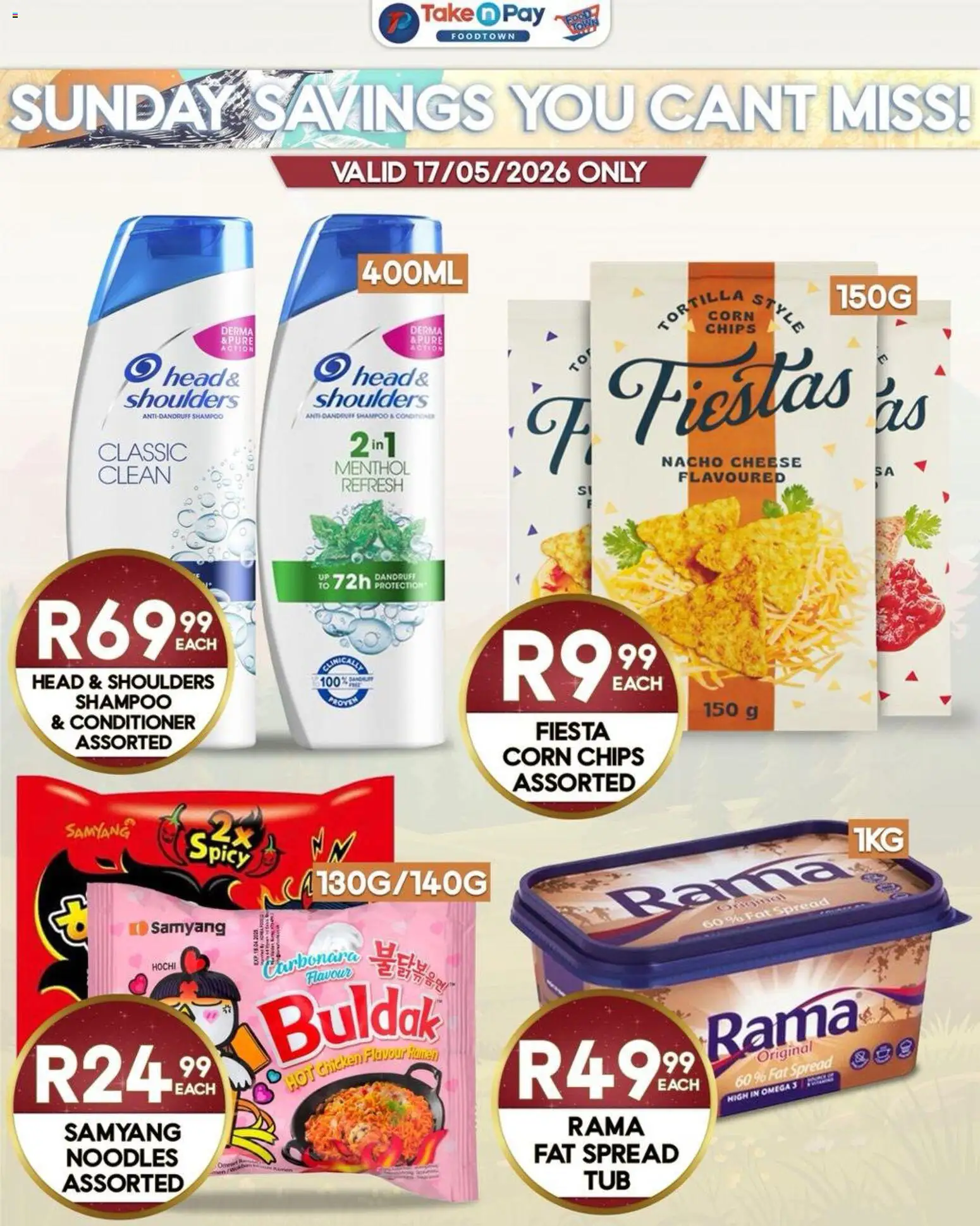New Take n Pay catalogue – valid from 17.05.2026 | Page: 3 | Products: Corn, Noodles, Shampoo, Chips