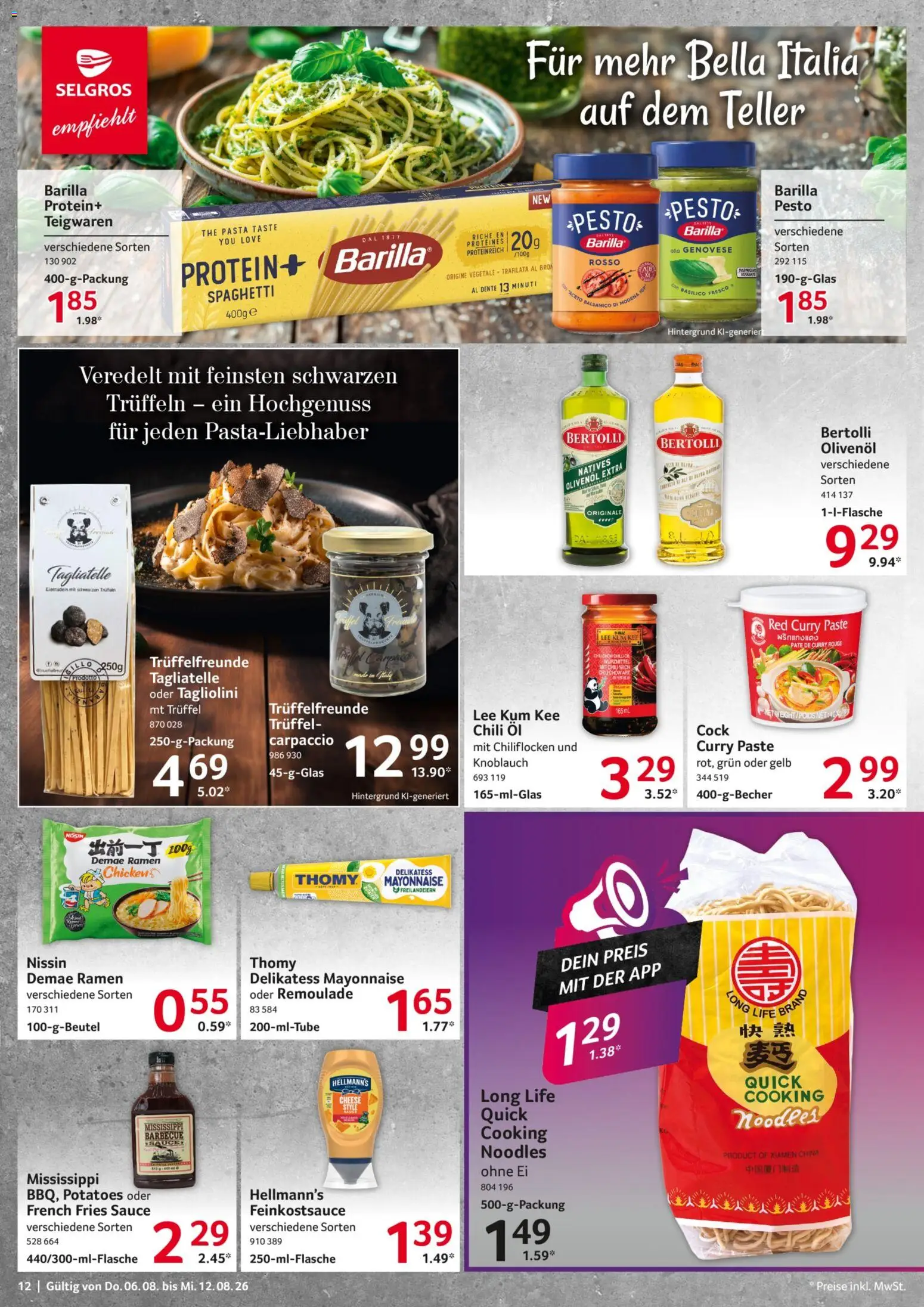 Selgros Prospekt – gültig ab 06.08.2026 | Seite: 12 | Produkte: Bertolli olivenol, Knoblauch, Chili, Pasta