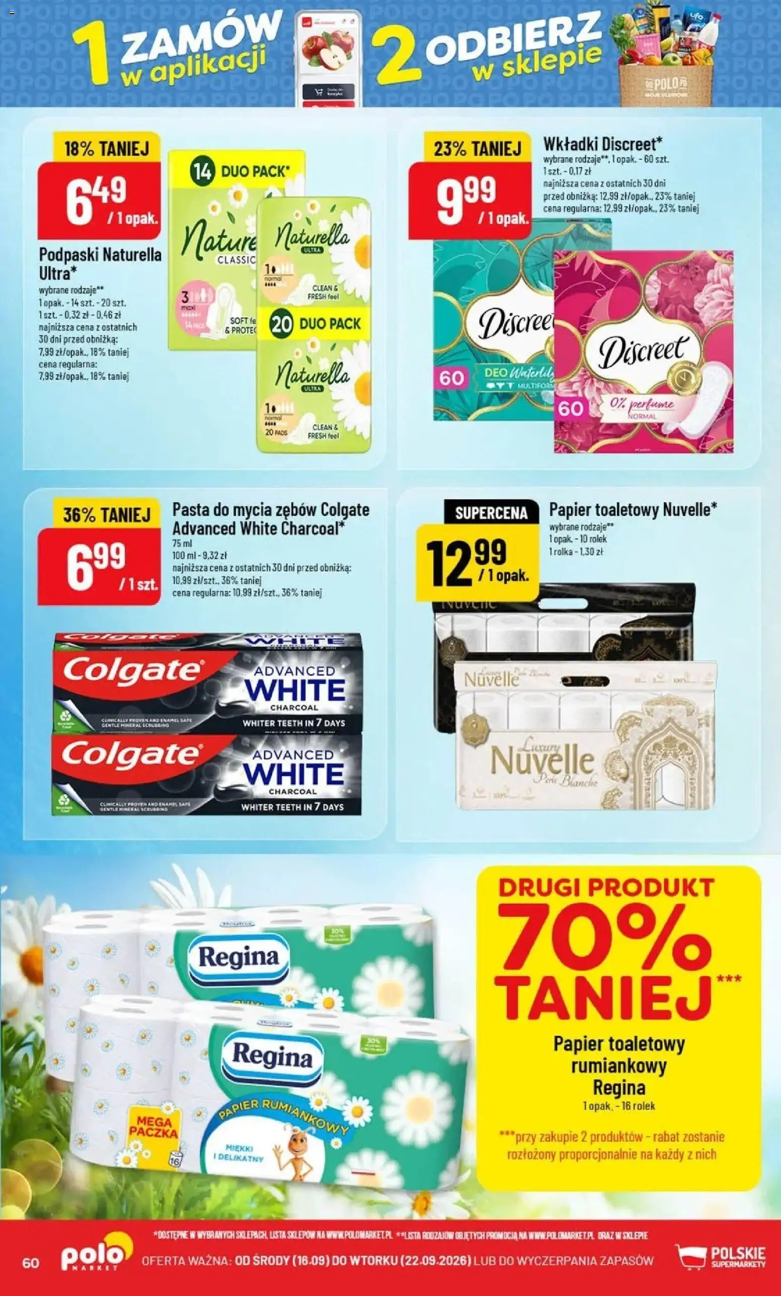 Nowa POLOmarket gazetka od jutra 16.09.2026 | Strona: 60 | Produkty: Papier toaletowy, Podpaski, Pasta, Papier rumiankowy