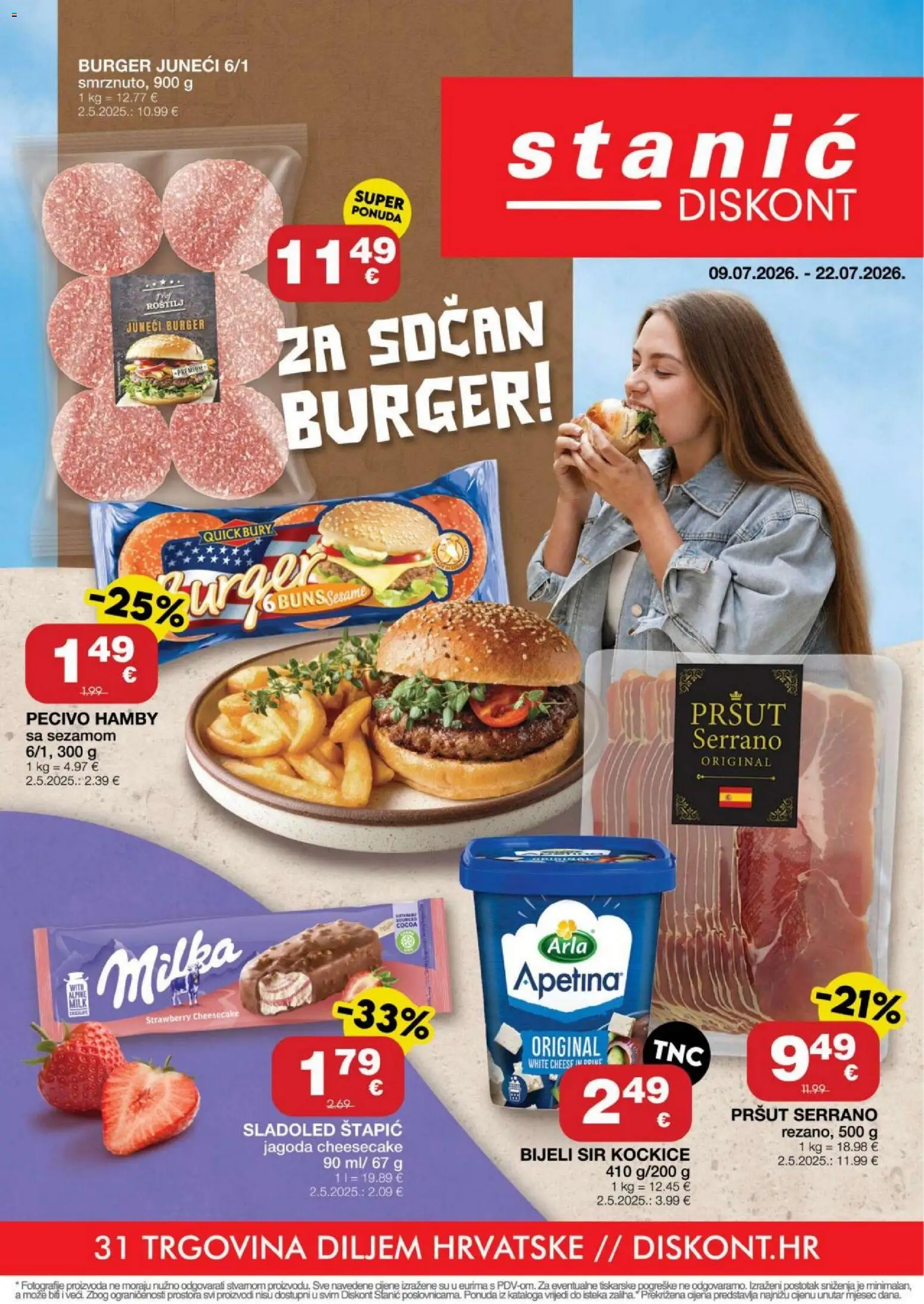Stanić Diskont katalog | vrijedi od 09.07.2026 | Stranica: 1 | Proizvodi: Roštilj, Pršut, Sladoled, Milka