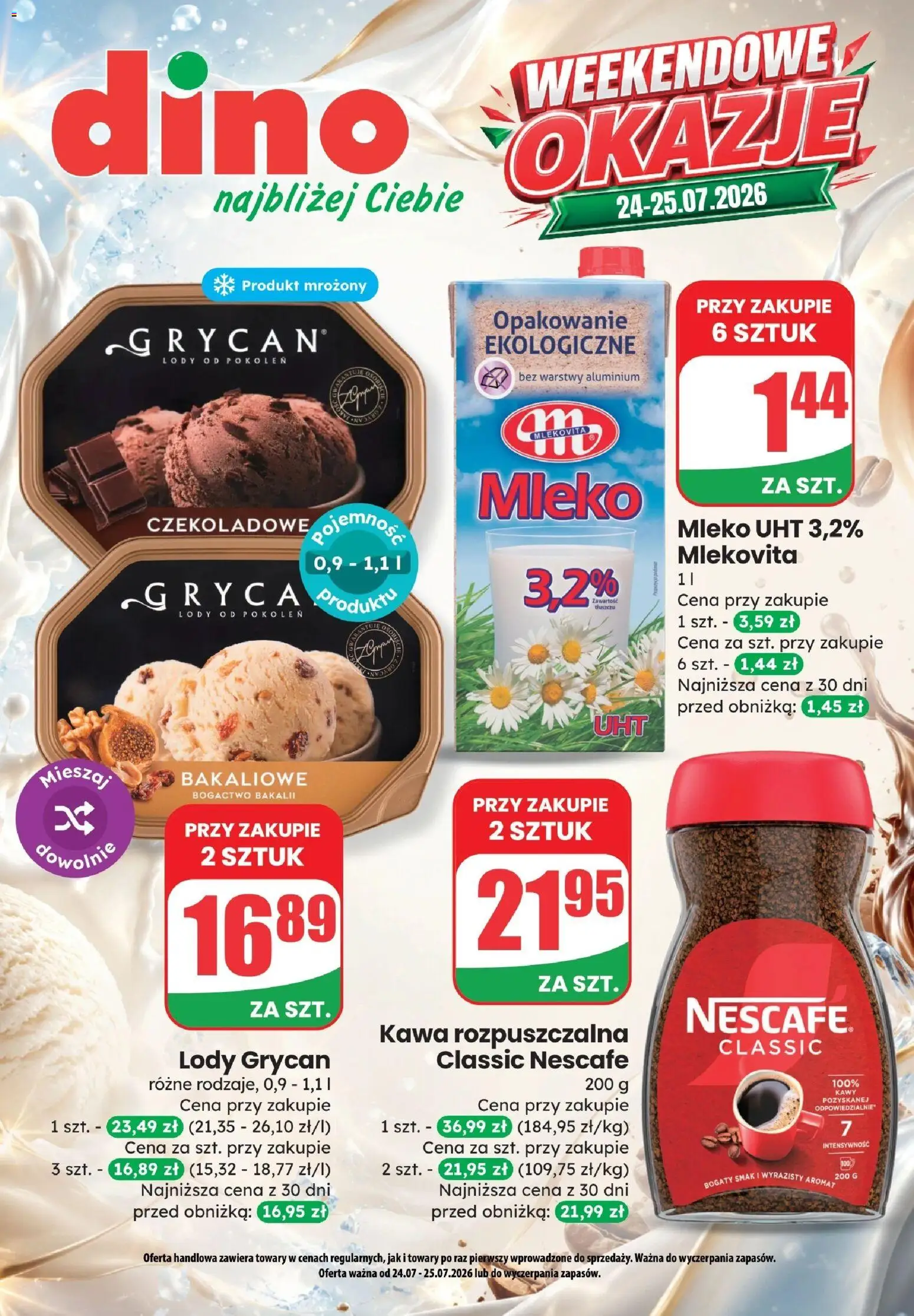 Dino gazetka - Weekendowe Okazje od 24.07.2026 | Strona: 1 | Produkty: Kawa rozpuszczalna, Lody Grycan, Mleko, Lody