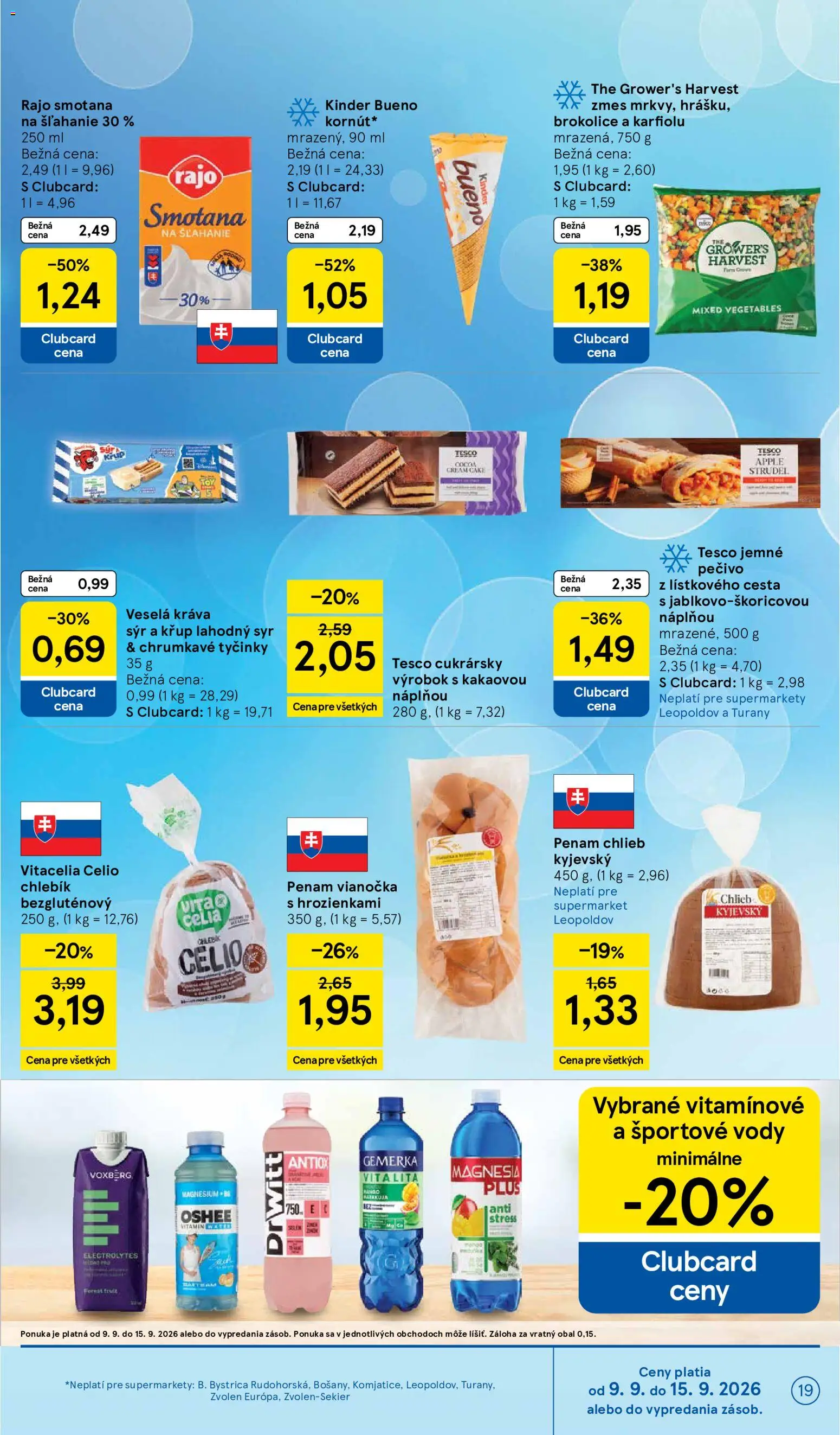 Nové Tesco akcie – leták je platný od 09.09.2026 | Strana: 19 | Produkty: Smotana, Kinder, Mango, Gemerka