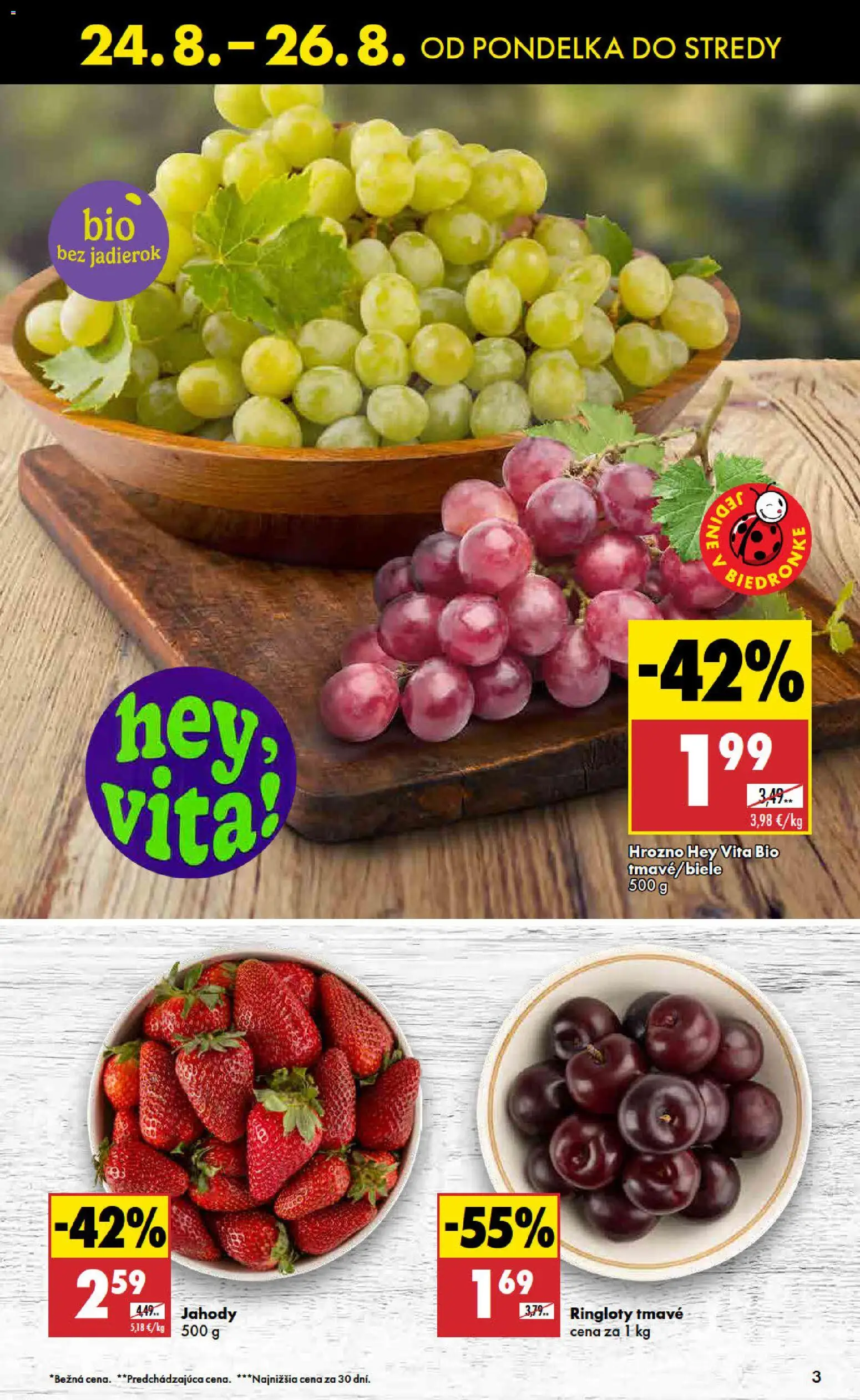 Nové Biedronka akcie – leták je platný od 24.08.2026 | Strana: 3 | Produkty: Jahody, Hrozno