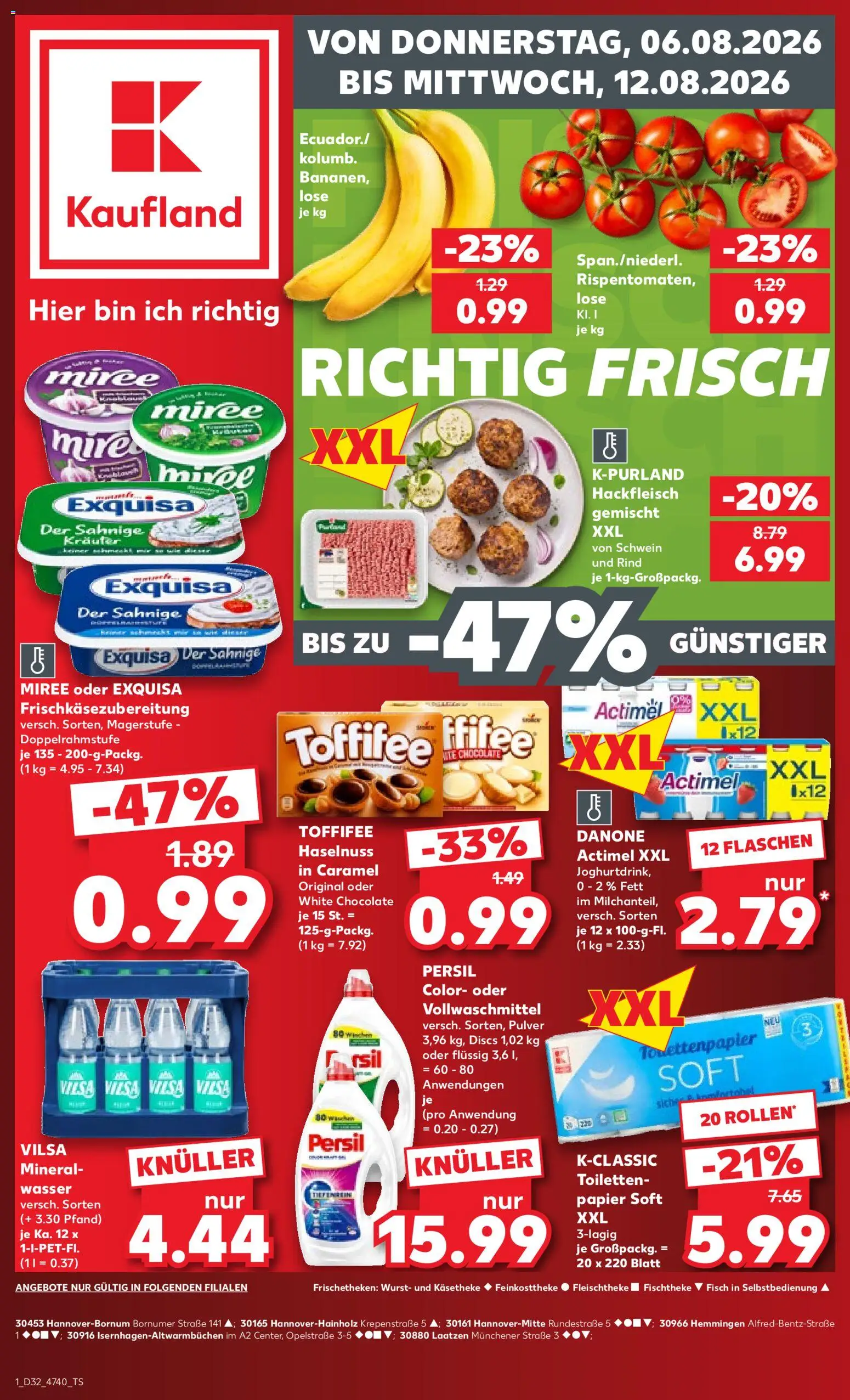 Kaufland Německo leták od 06.08.2026 | Strana: 1 | Produkty: Toffifee, Actimel, Persil