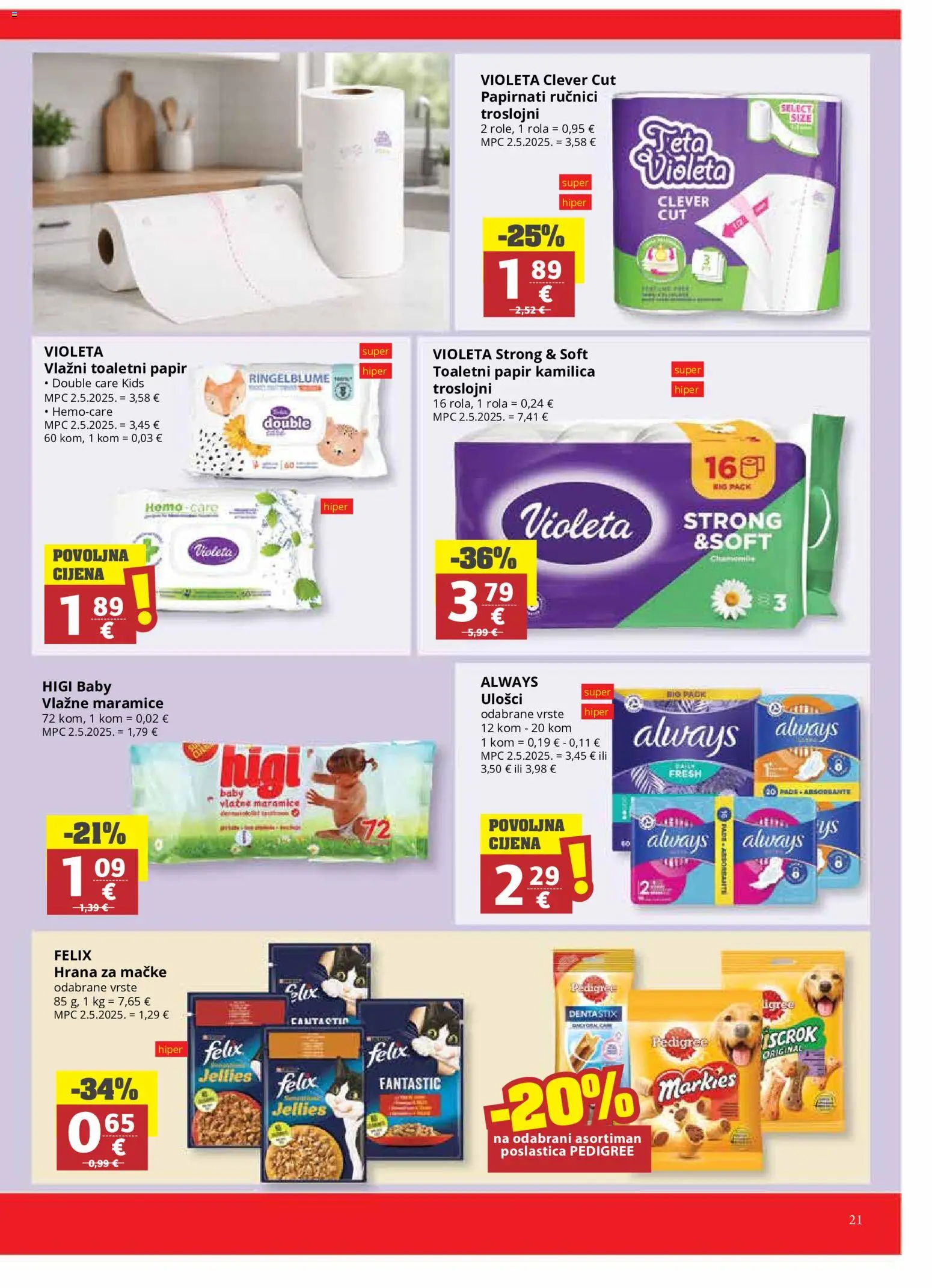 Ribola katalog | vrijedi od 24.06.2026 | Stranica: 21 | Proizvodi: Vlažne maramice, Papirnati ručnici, Hrana za mačke, Violeta