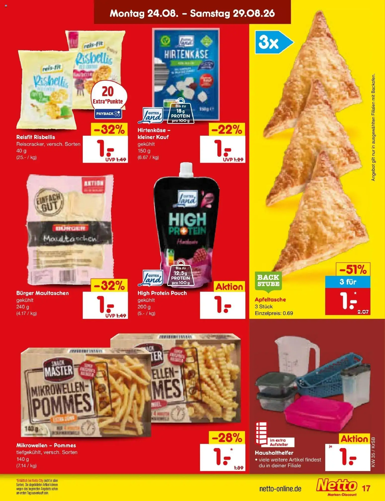 Netto Marken-Discount Prospekt Baesweiler – gültig ab 24.08.2026 | Seite: 27 | Produkte: Pommes, Burger, Maultaschen