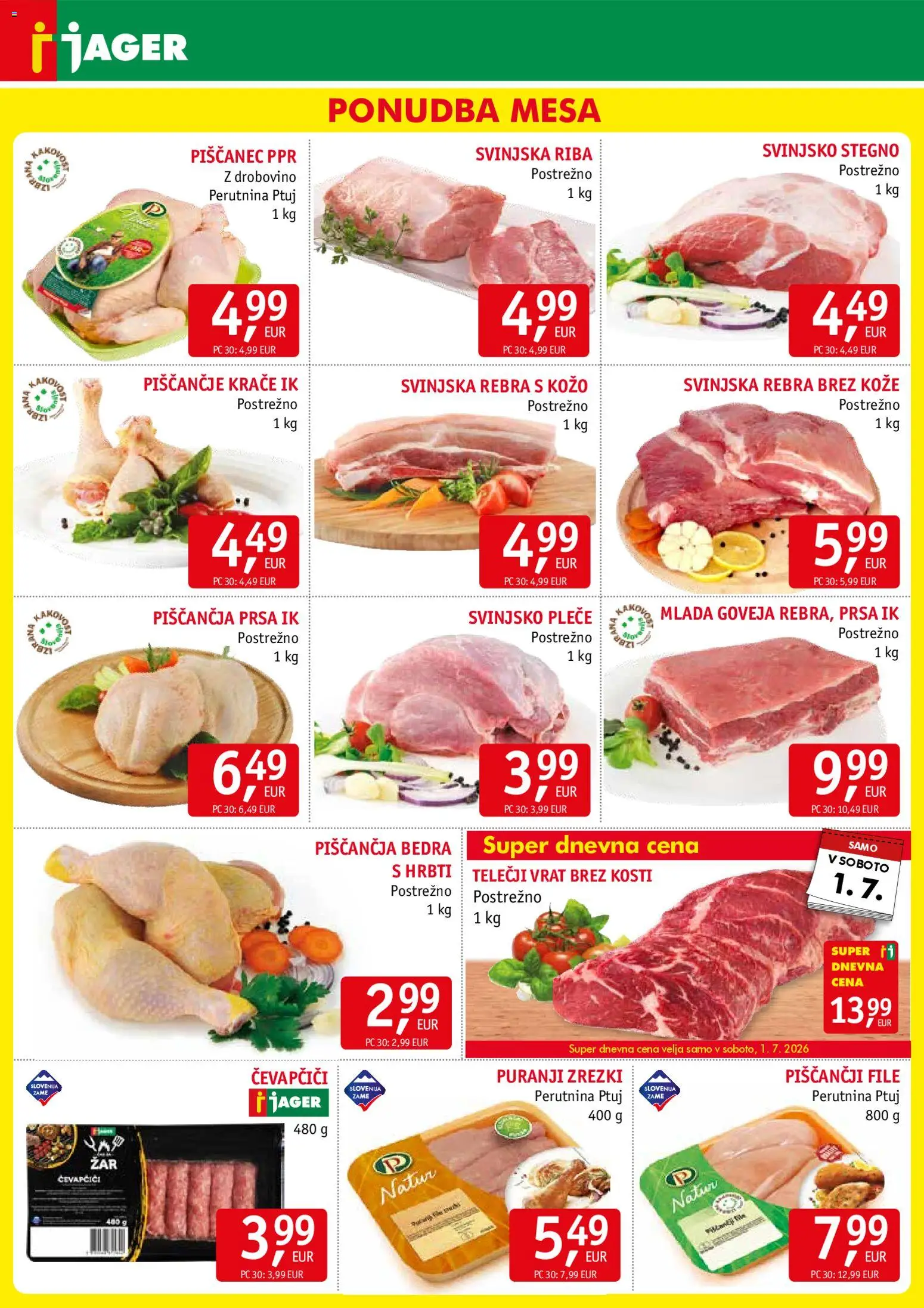 Novi Jager katalog ponudbe – veljaven od 29.07.2026 | Stran: 3 | Izdelki: Čevapčiči, Piščančja bedra, Zrezki, Riba