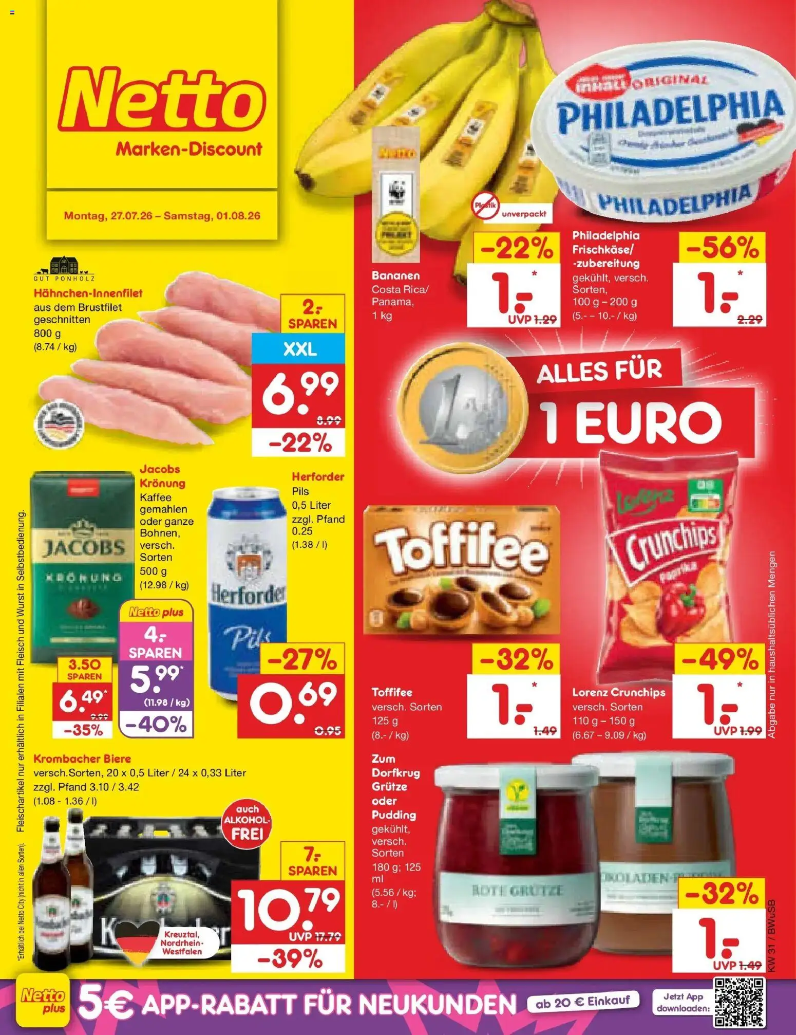 Netto Marken-Discount Prospekt Bielefeld – gültig ab 27.07.2026 | Seite: 1 | Produkte: Kaffee, Pudding, Krombacher, Lorenz crunchips