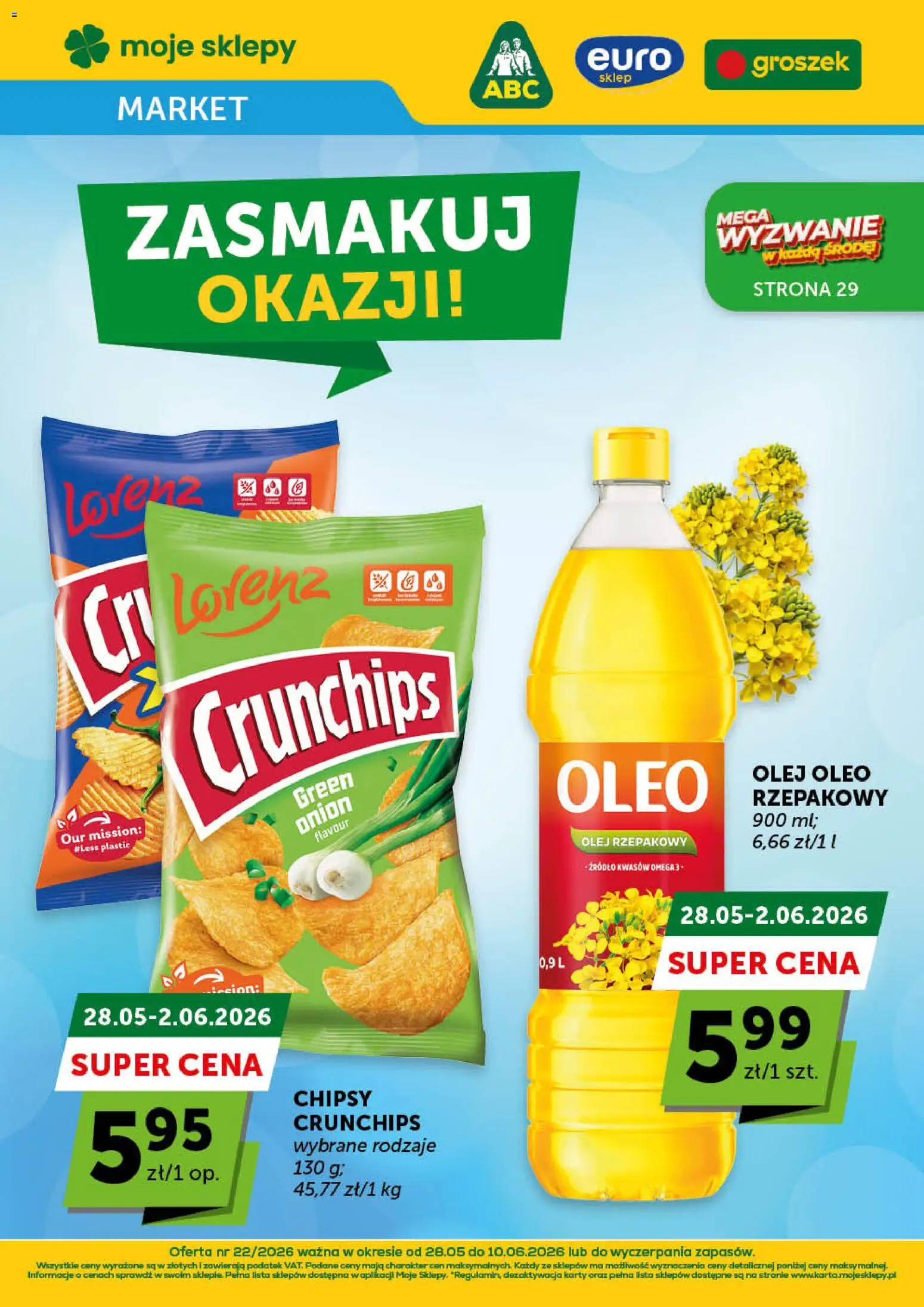 Euro Sklep gazetka - Market od 28.05.2026 | Strona: 1 | Produkty: Groszek, Olej rzepakowy, Chipsy, Olej