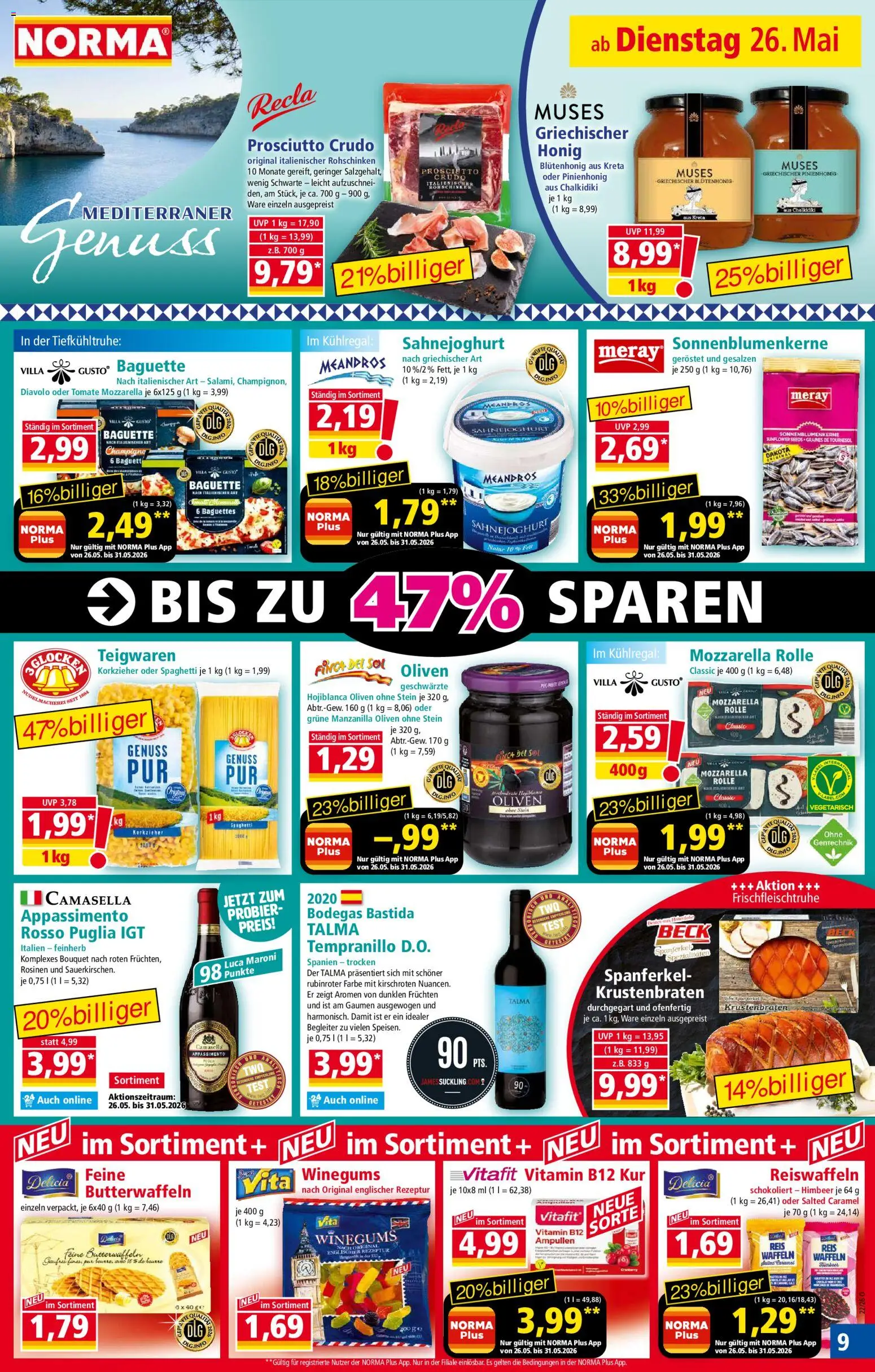 Norma Prospekt 	 – gültig ab 26.05.2026 | Seite: 9 | Produkte: Mozzarella, Baguette, Krustenbraten, Rosinen