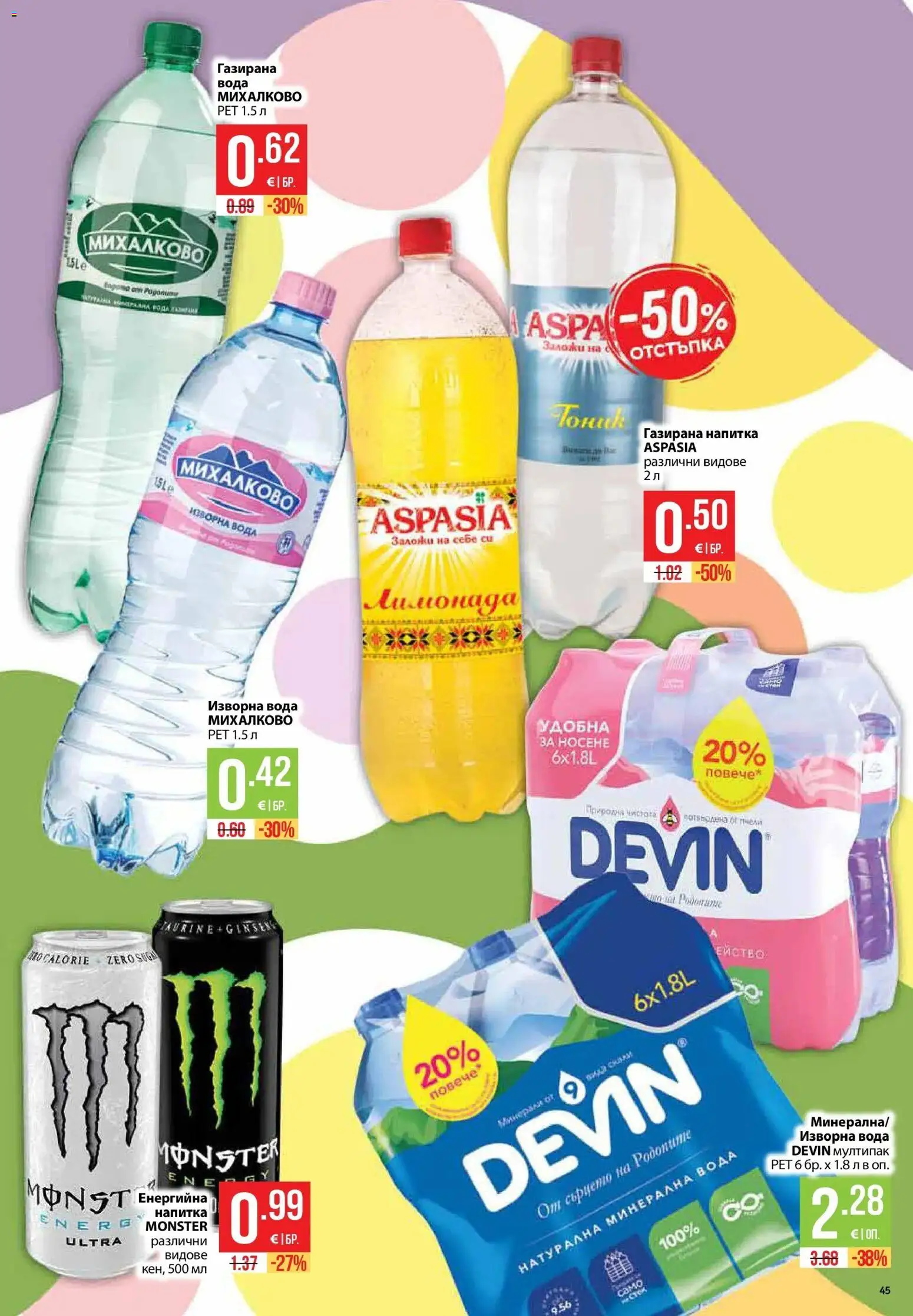 {H1} | Страница: 45 | Продукти: Вода, Минерална вода, Изворна вода, Газирана вода