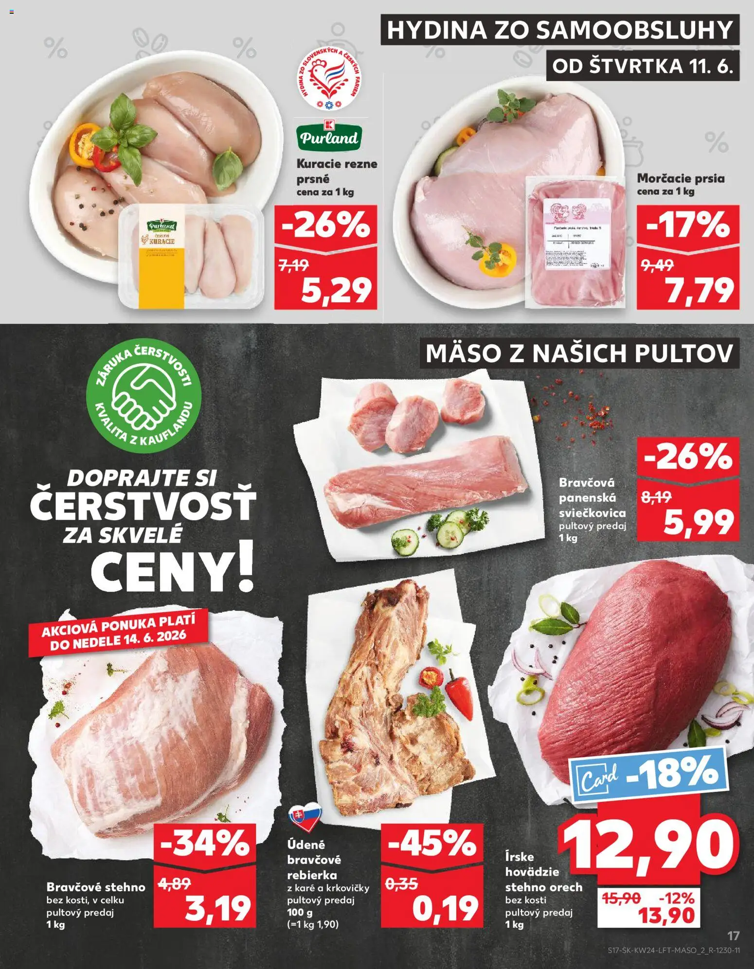 Nové Kaufland akcie – leták je platný od 11.06.2026 | Strana: 17 | Produkty: Bravčové stehno, Kuracie rezne