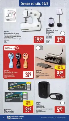 Vista previa Aldi folleto Península válido desde el 24/08/2026 | Página: 24 | Productos: Luz LED, Ventilador, Máquina de coser, Lámpara