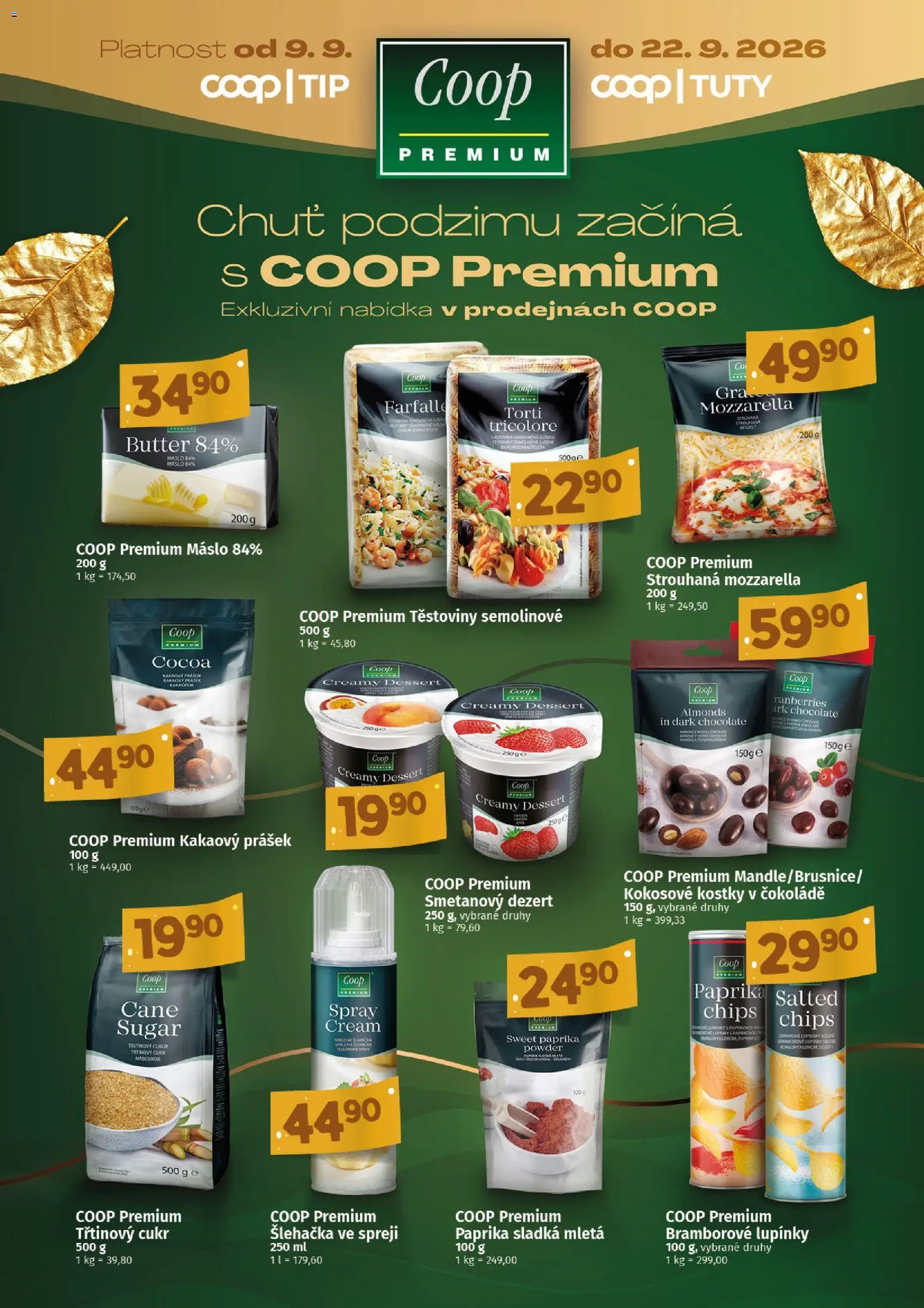 Coop leták - Premium od 09.09.2026 | Strana: 1 | Produkty: Máslo, Těstoviny, Šlehačka, Paprika
