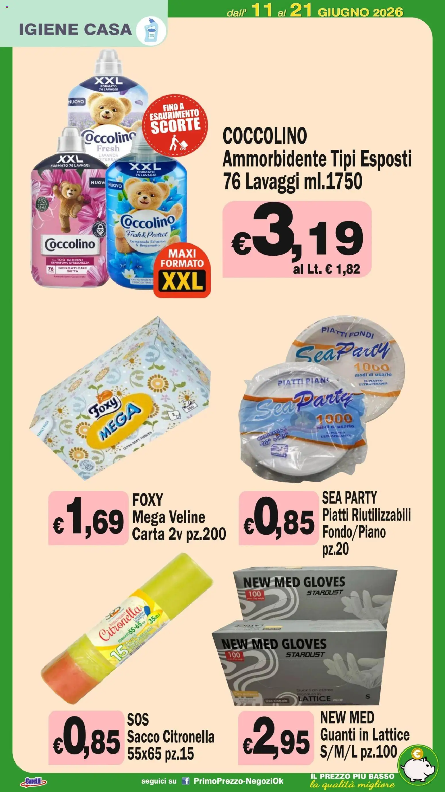 Volantino Primo Prezzo del 11.06.2026 | Pagina: 23 | Prodotti: Ammorbidente, Veline, Guanti, Lavanda