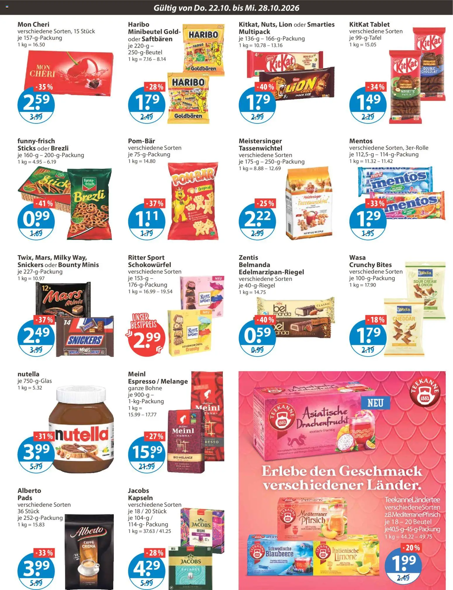 V-Markt Angebote – gültig ab 22.10.2026 | Seite: 9 | Produkte: Smarties, Funny frisch, Snickers, Pfirsich