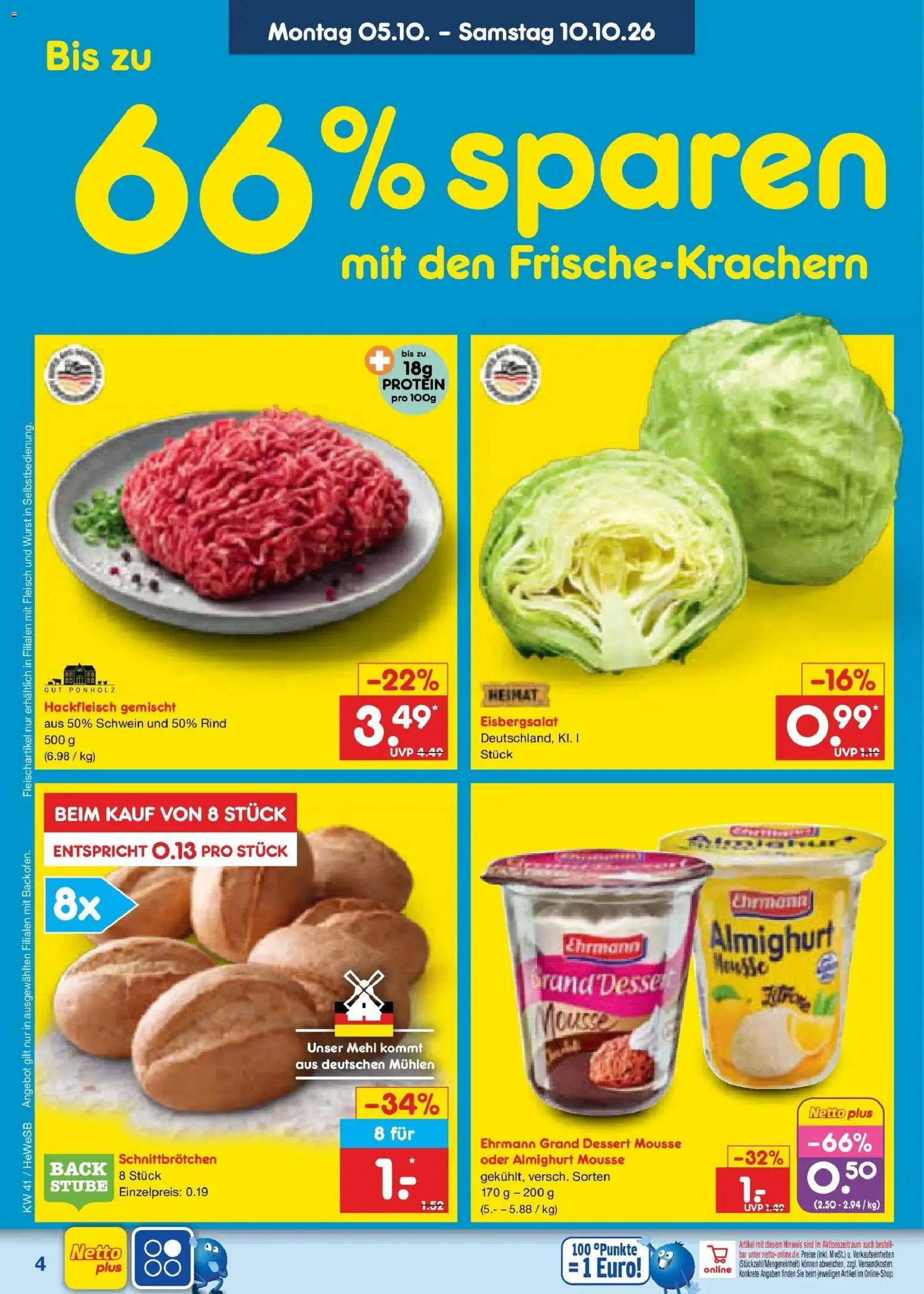 Netto Marken-Discount Prospekt Hamburg (ab 05.10.2026) » Angebote | Seite: 4 | Produkte: Ehrmann almighurt, Ehrmann grand dessert, Eisbergsalat, Fleisch