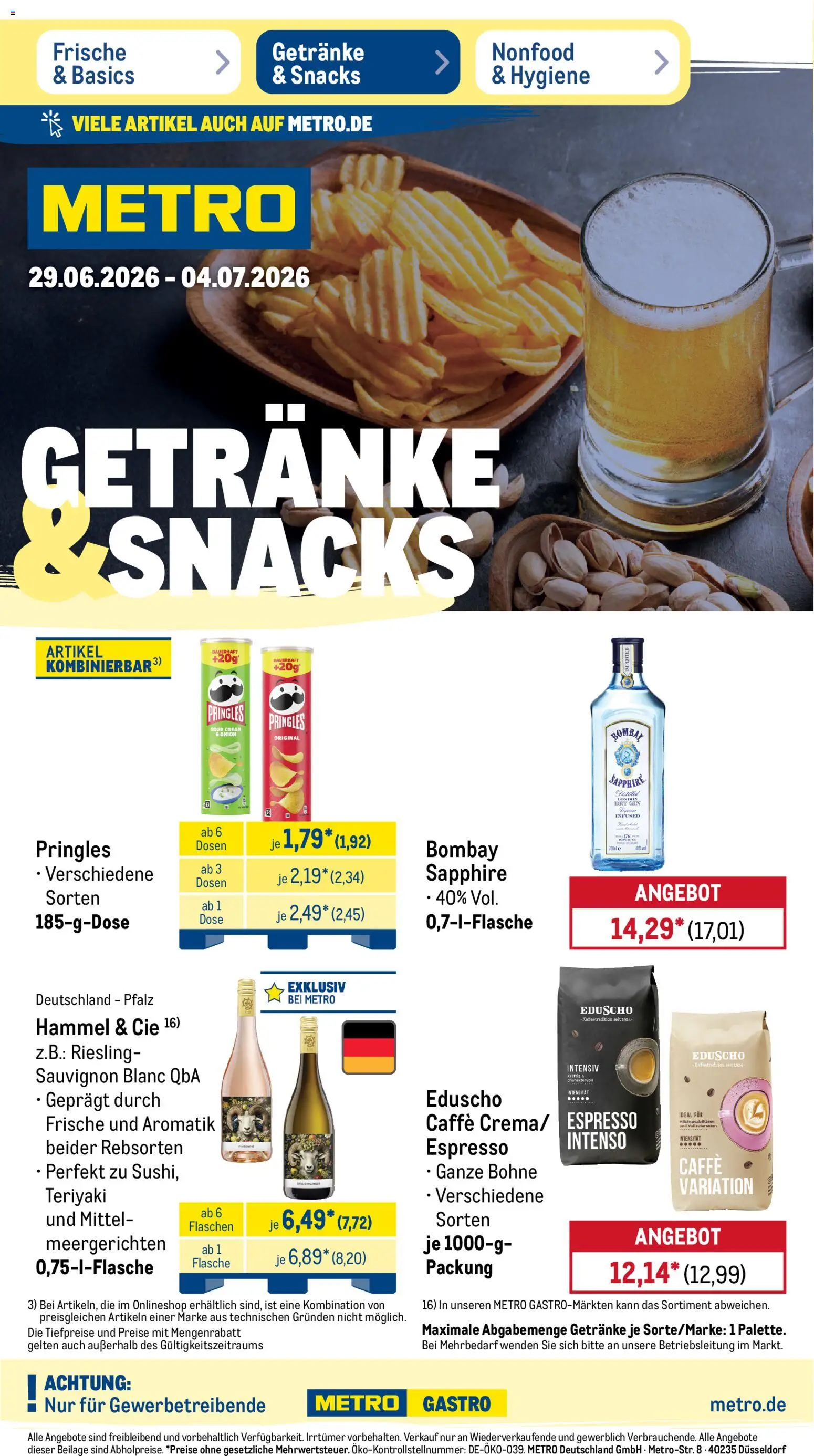 Metro Prospekt – gültig ab 29.06.2026 | Seite: 22 | Produkte: Pringles, Gin, Eduscho