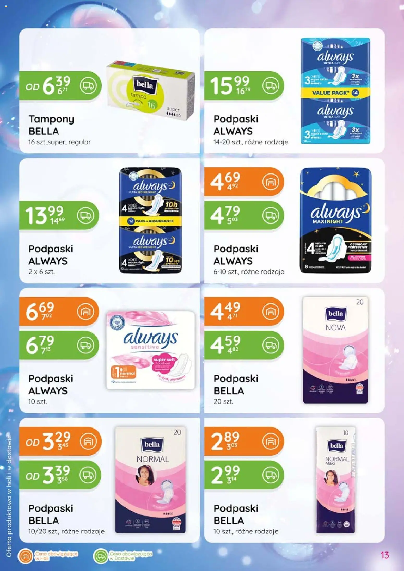Eurocash gazetka - Katalog Chemiczny od 06.08.2026 | Strona: 13 | Produkty: Podpaski bella, Tampony, Podpaski always, Podpaski