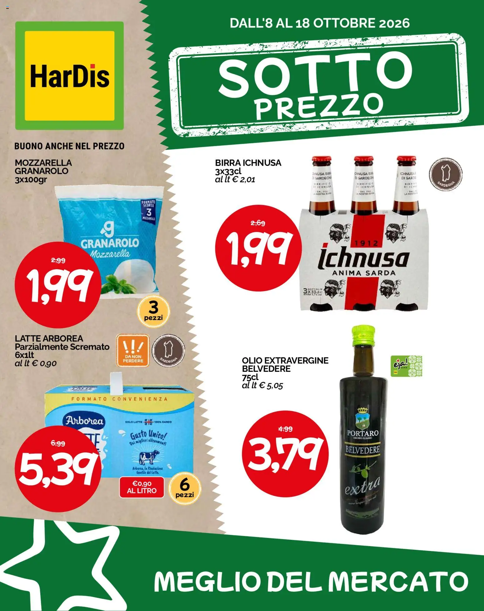 Volantino HarDis del 08/10/2026 | Pagina: 1 | Prodotti: Mozzarella, Latte, Olio, Birra Ichnusa