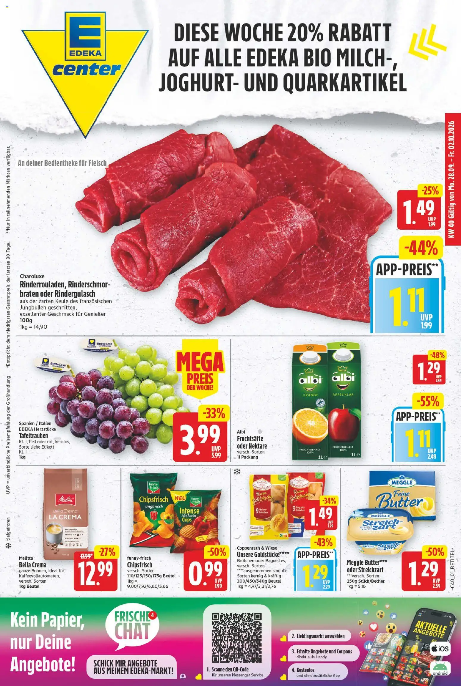 E center Prospekt – gültig ab 28.09.2026 | Seite: 1 | Produkte: Joghurt, Äpfel, Chips, Meggle butter