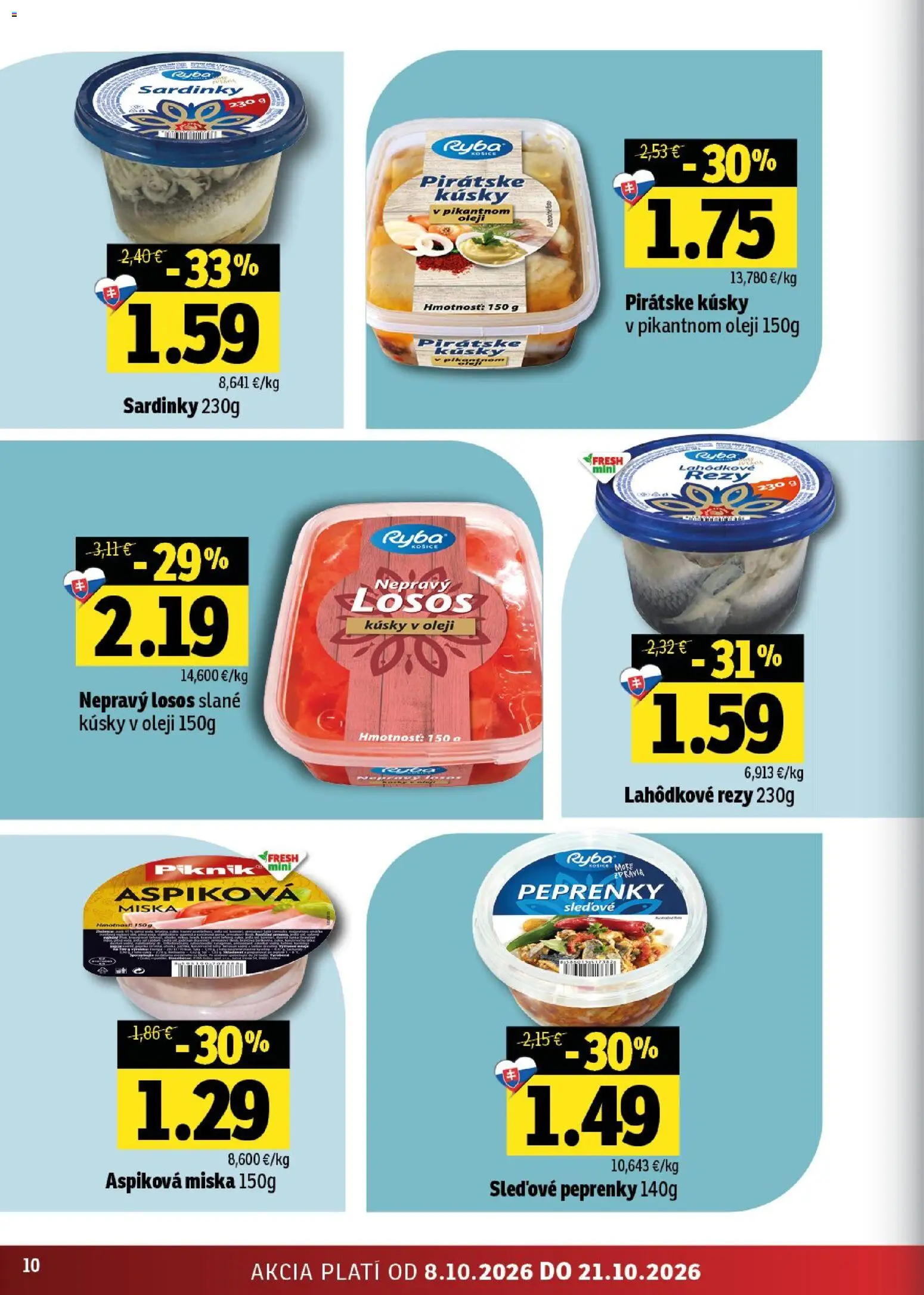 Nové Fresh akcie – leták je platný od 08.10.2026 | Strana: 10 | Produkty: Sardinky, Ryba, Losos