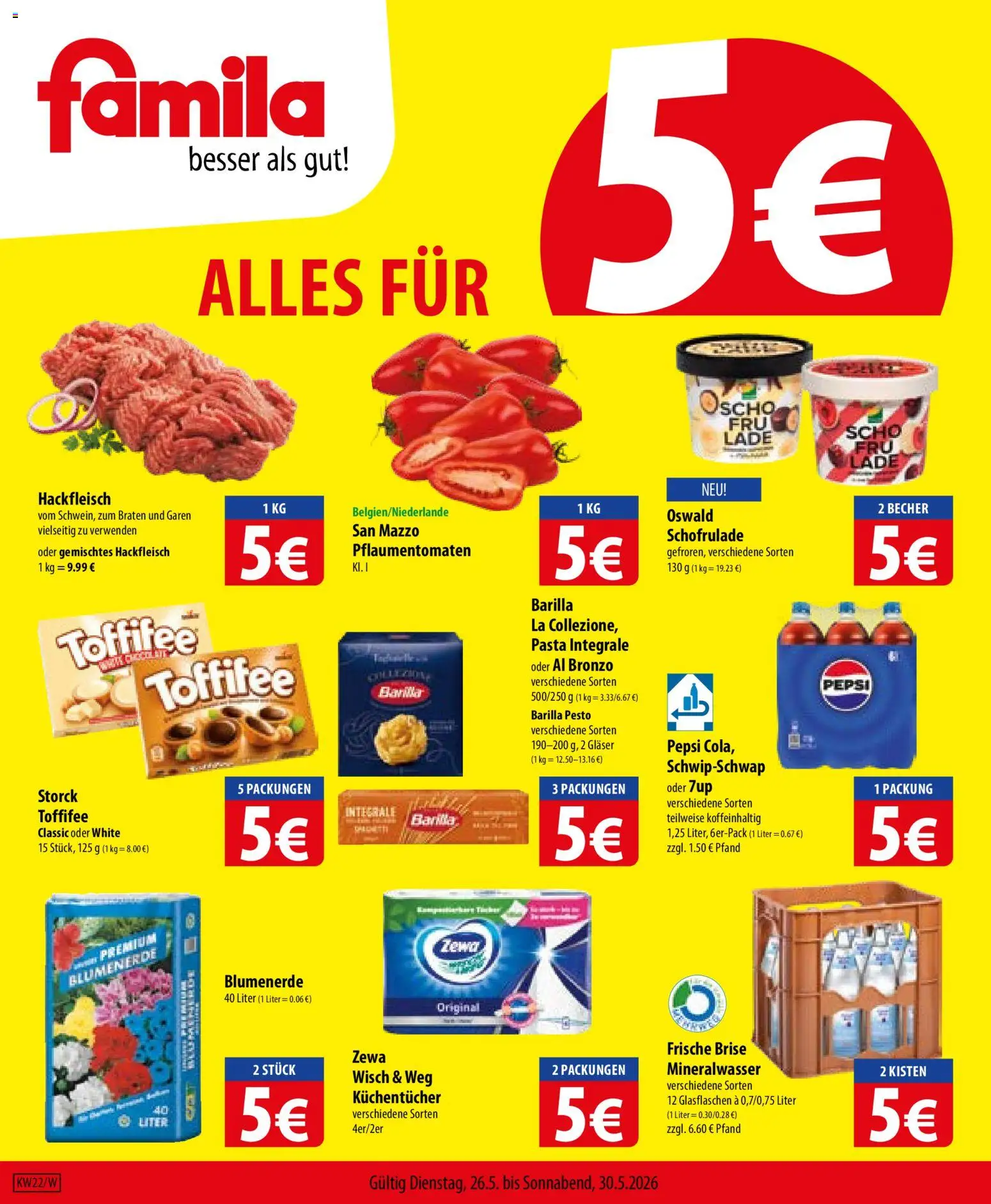 Famila Prospekt 	 – gültig ab 26.05.2026 | Seite: 1 | Produkte: Barilla pesto, Zewa, Toffifee, Hackfleisch
