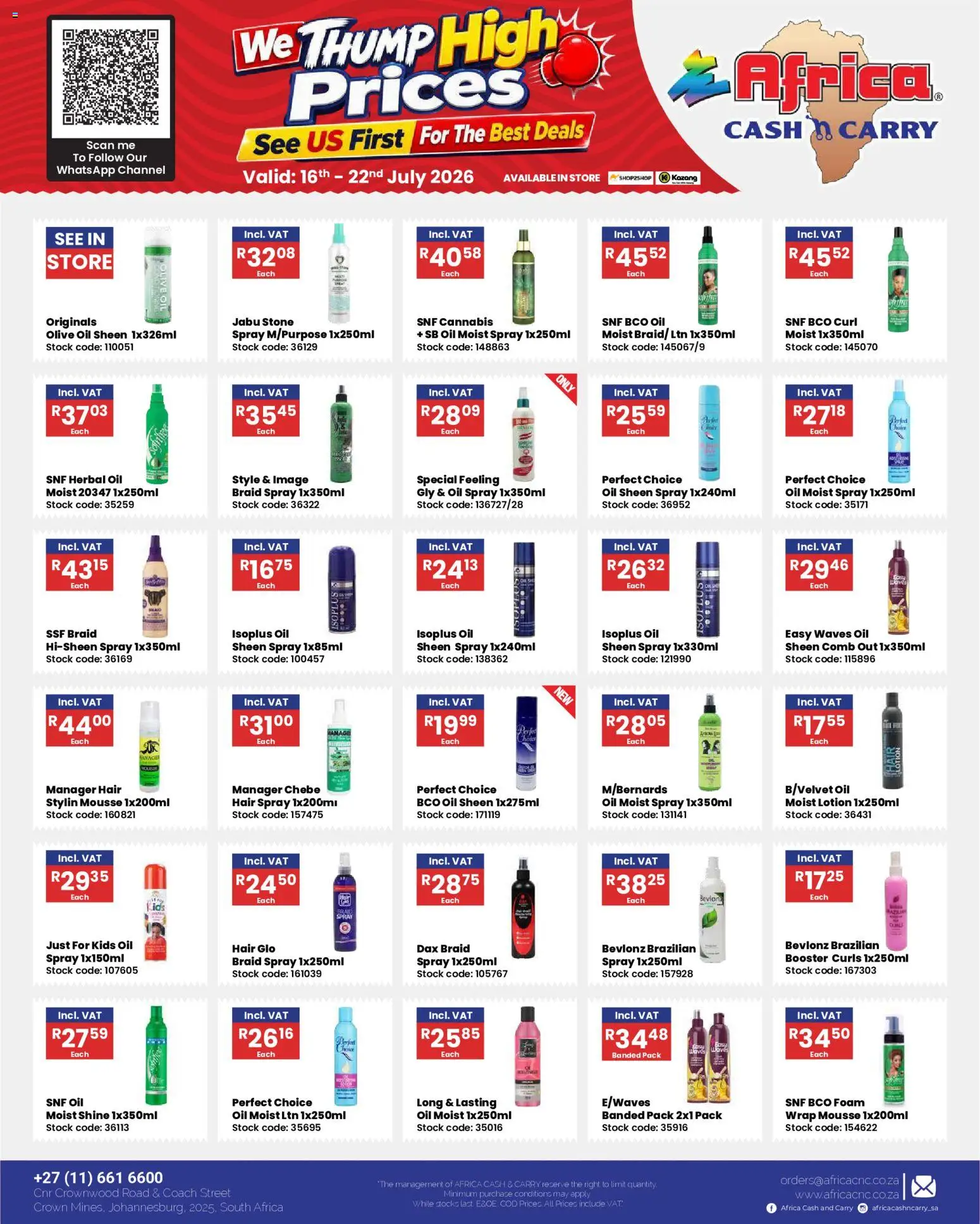 New Africa Cash & Carry catalogue – valid from 16/07/2026 | Page: 1 | Products: Chair, Oil, Stock, Lotion
