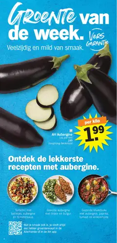 AH Aubergine, Los, per kilo. Oorsprong: Nederland - Voorbeeld van een folder van Albert Heijn, geldig van 27.04.2026 | Pagina: 4 | Producten: Linzen, Antipasti, Tomaat