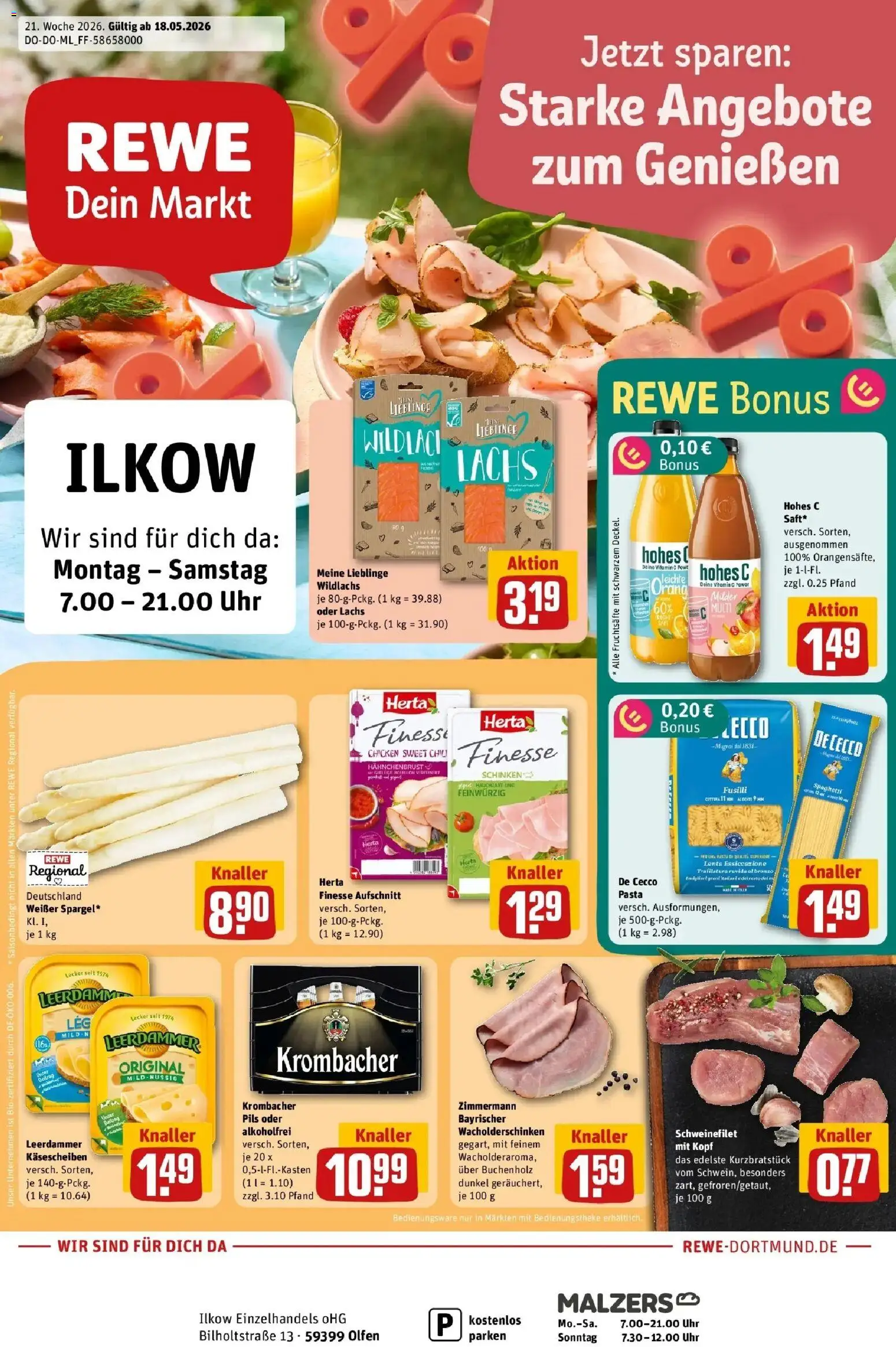 Rewe Prospekt Olfen – gültig ab 17.05.2026 | Seite: 1 | Produkte: Krombacher, Pasta, Herta finesse, Hahnchenbrust