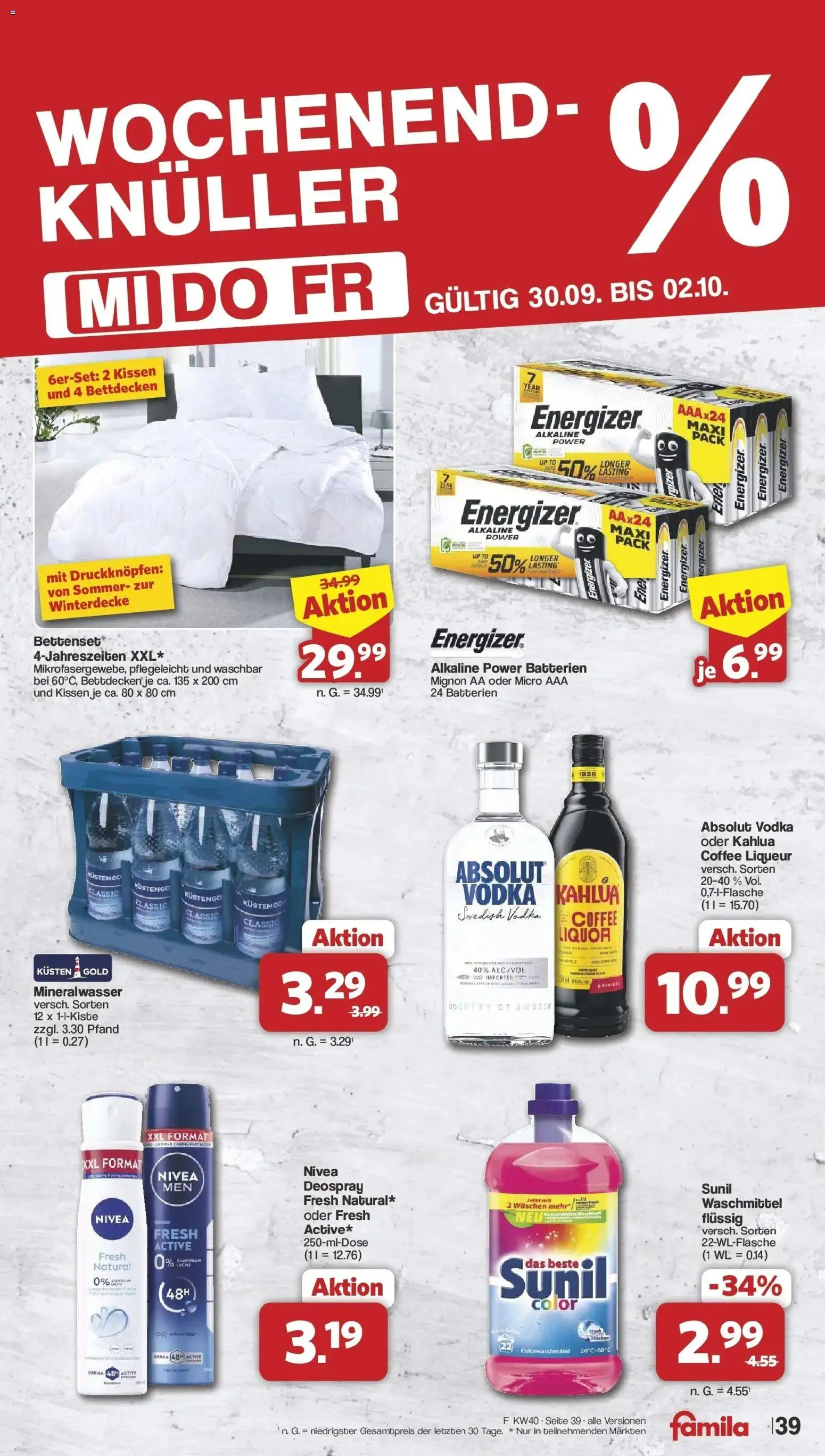 Famila Nordwest - Famila: Wochenangebote (ab 28.09.2026) zum Blättern | Seite: 39 | Produkte: Bettenset, Mineralwasser, Waschmittel, Deospray