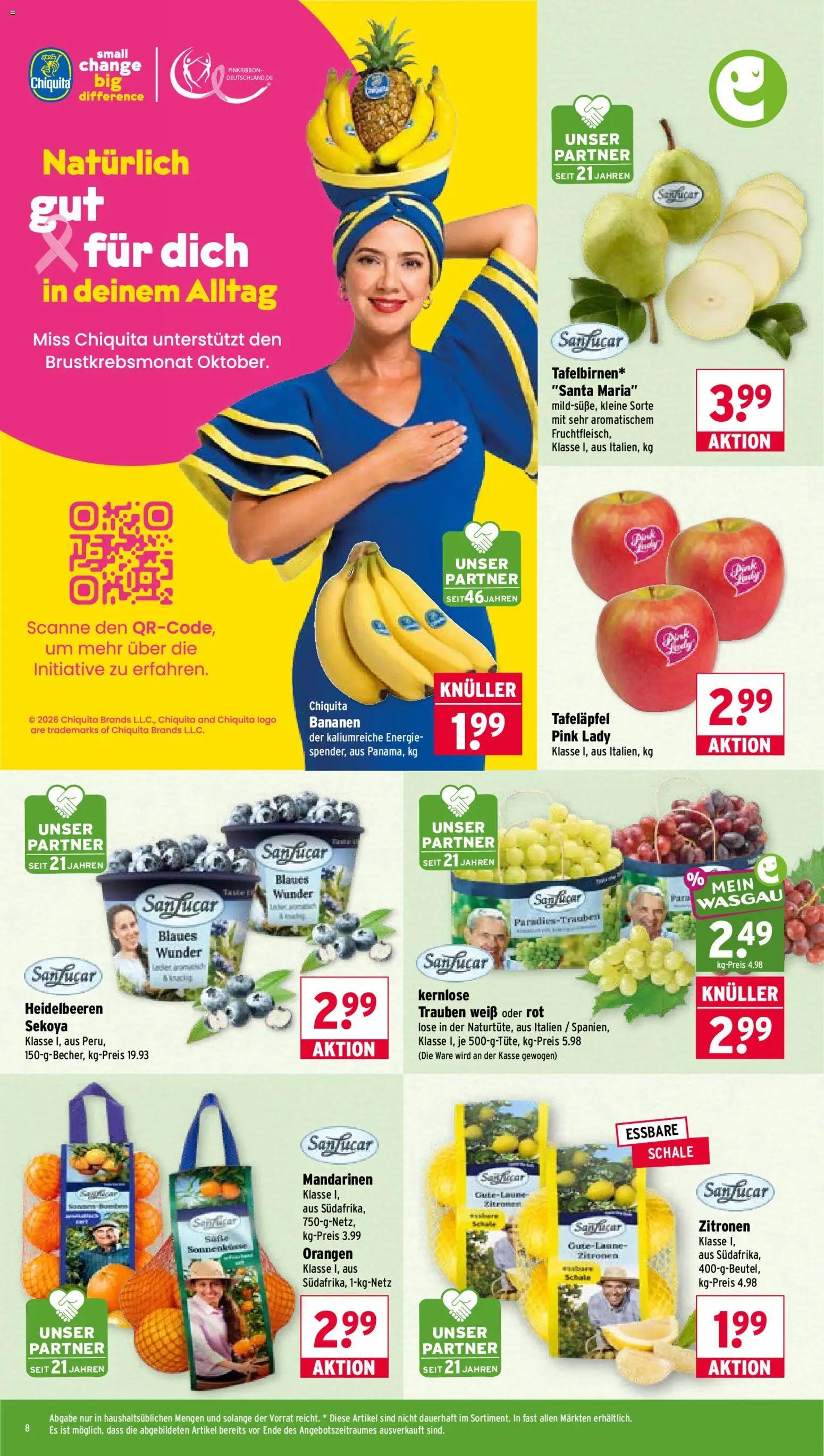 Wasgau Prospekt – gültig ab 28.09.2026 | Seite: 8 | Produkte: Trauben, Bananen, Mandarinen, Orangen